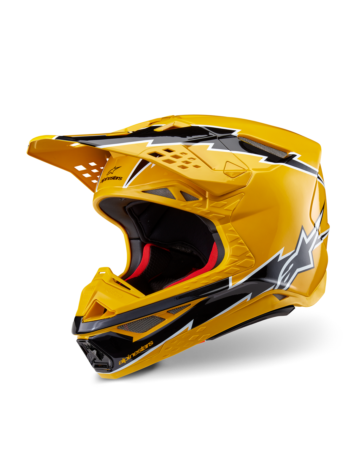 Alpinestars Supertech M10 Ampress helm, motorcrosshelm, geel en zwart glanzend, voorzien van bliksemschicht graphics, geventileerde klep en aerodynamisch ontwerp, hoogwaardige off-road bescherming.