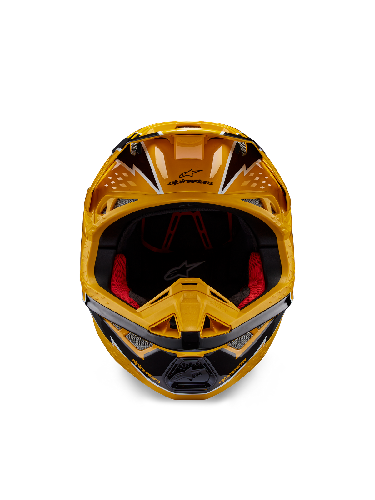 Alpinestars Supertech M10 Ampress helm, motorcrosshelm, geel en zwart glanzend, vooraanzicht met opvallende hoekige graphics, Alpinestars-logo op de klep, rode binnenvoering, aerodynamische schaal voor professionele motorcrossraces