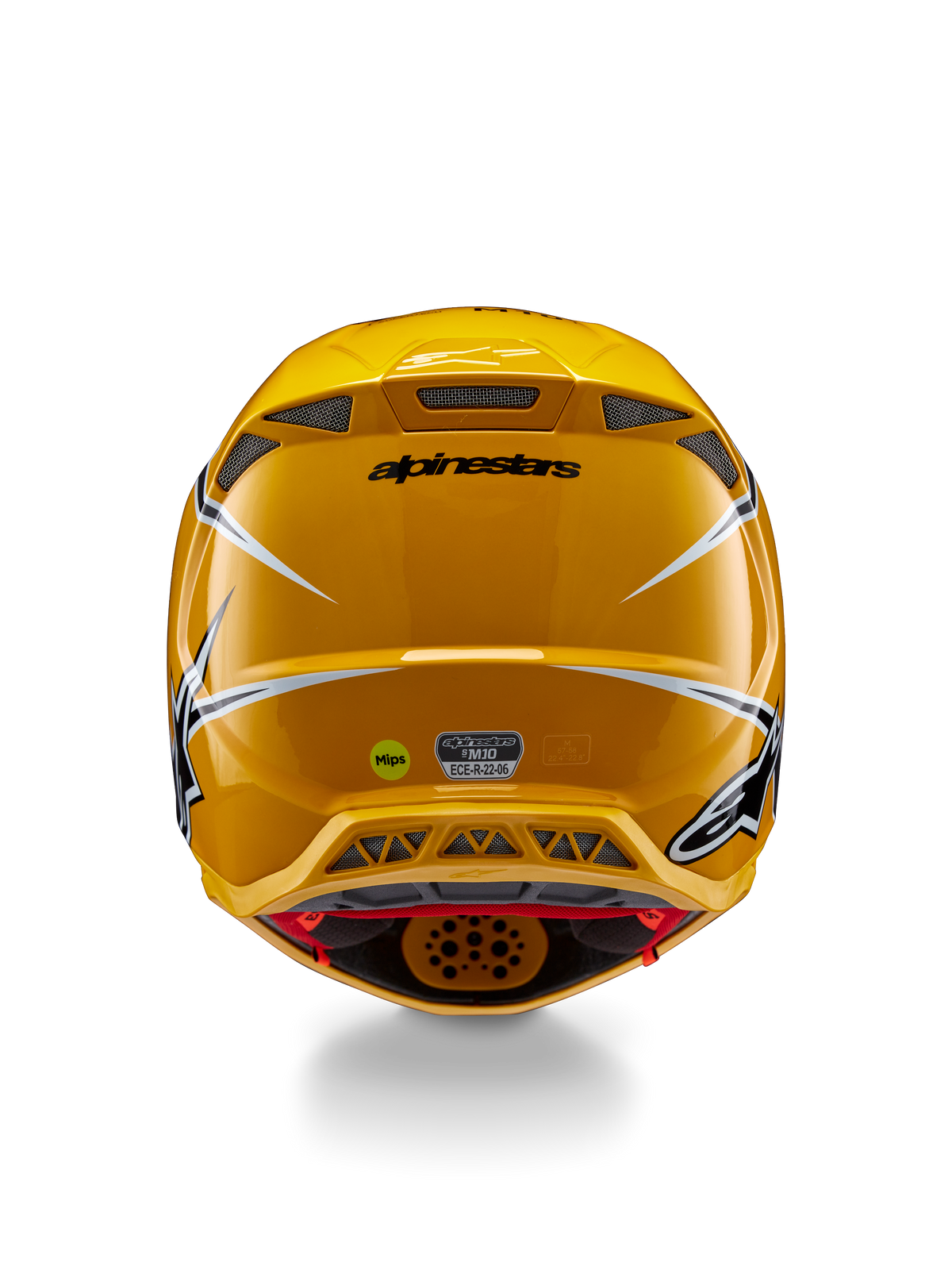 Alpinestars Supertech M10 Ampress-helm, achteraanzicht, glanzend geel met zwarte en witte accenten, voorzien van luchtuitlaten aan de achterzijde, MIPS- en ECE 22.06-stickers, professionele motorcross hoofdbescherming