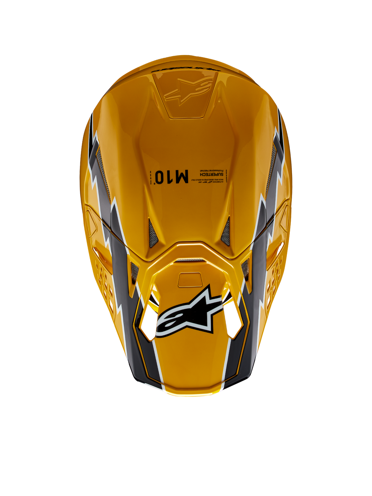 Alpinestars Supertech M10 Ampress helm, motorcrosshelm, glanzend zwart en geel, bovenaanzicht met een glanzende gele afwerking en zwart-witte graphics, Alpinestars-logo op het vizier, aerodynamische schaal met ventilatieopeningen.