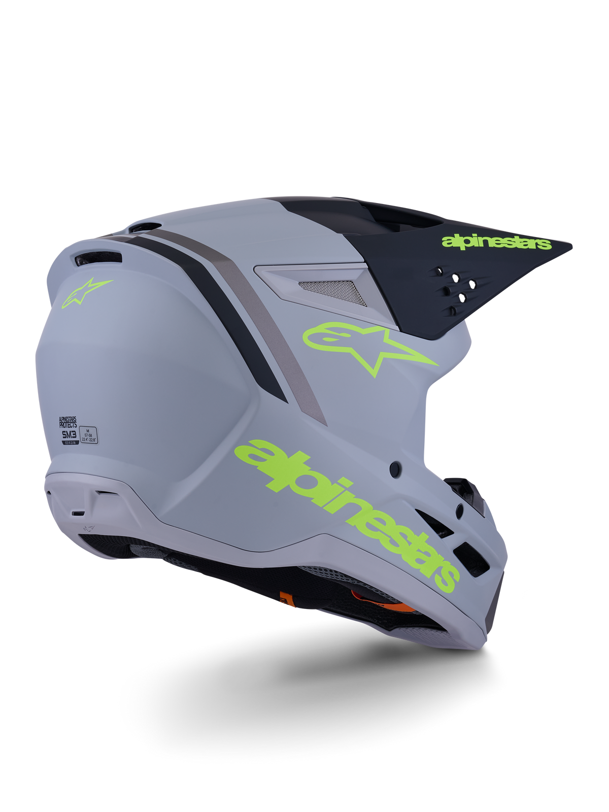 Alpinestars S-M3 Radium helm, motorcrosshelm, grijs, zwart en mat fluogeel, integraalontwerp met hoekige schaal, opvallende klep en ventilatieopeningen, matte afwerking met opvallende graphics