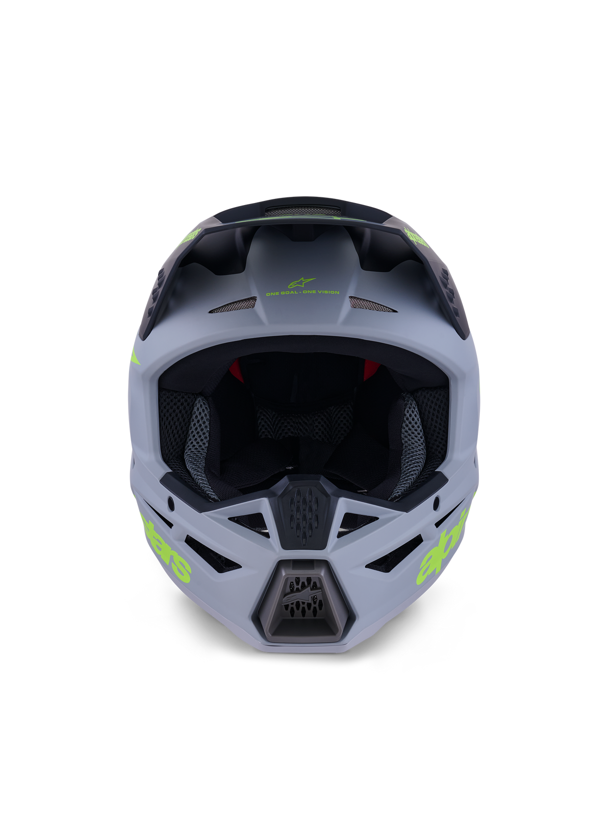Alpinestars S-M3 Radium helm, integraal motorcrosshelm, matgroen en zwart met fluorgele branding, vooraanzicht met nadruk op de ventilatieopeningen bij de kin en het voorhoofd en een grote oogopening, professionele off-road beschermingsuitrusting