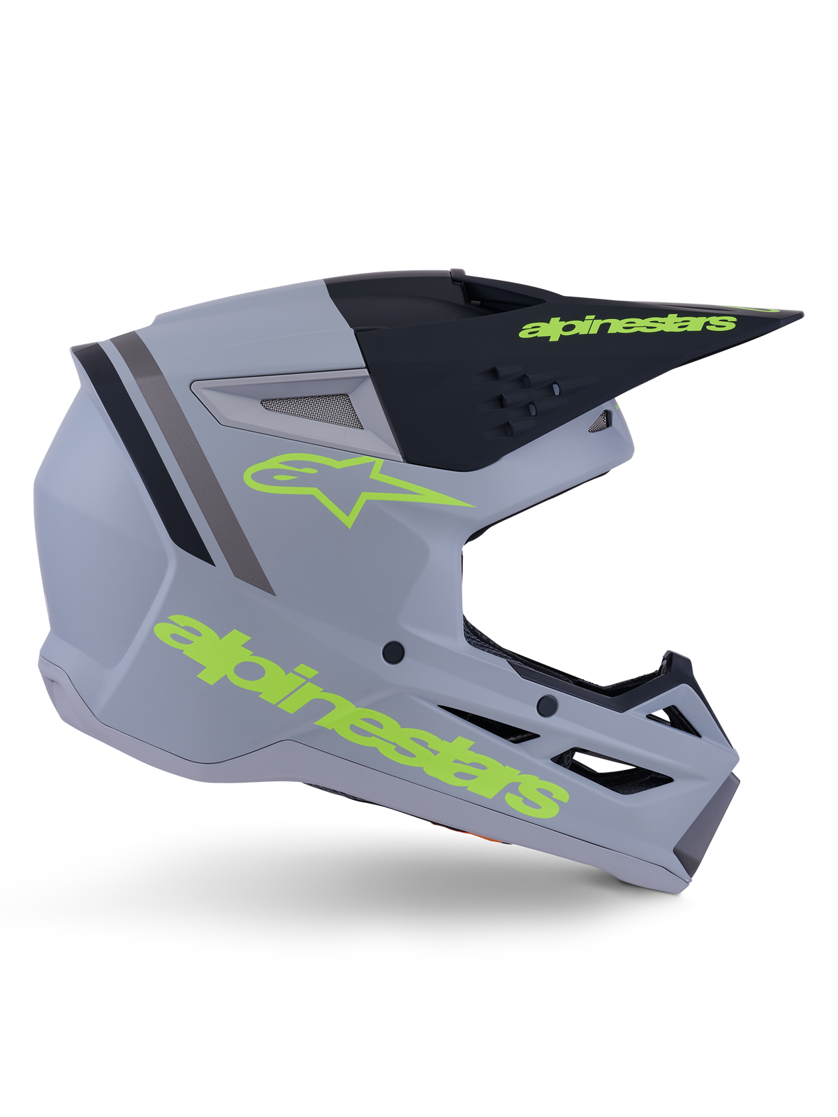 Alpinestars S-M3 Radium helm ECE 22.06, motorcrosshelm, matgrijs, zwart en fluogeel, met een hoekig aerodynamisch ontwerp, een vizierklep en een geïntegreerd ventilatiesysteem