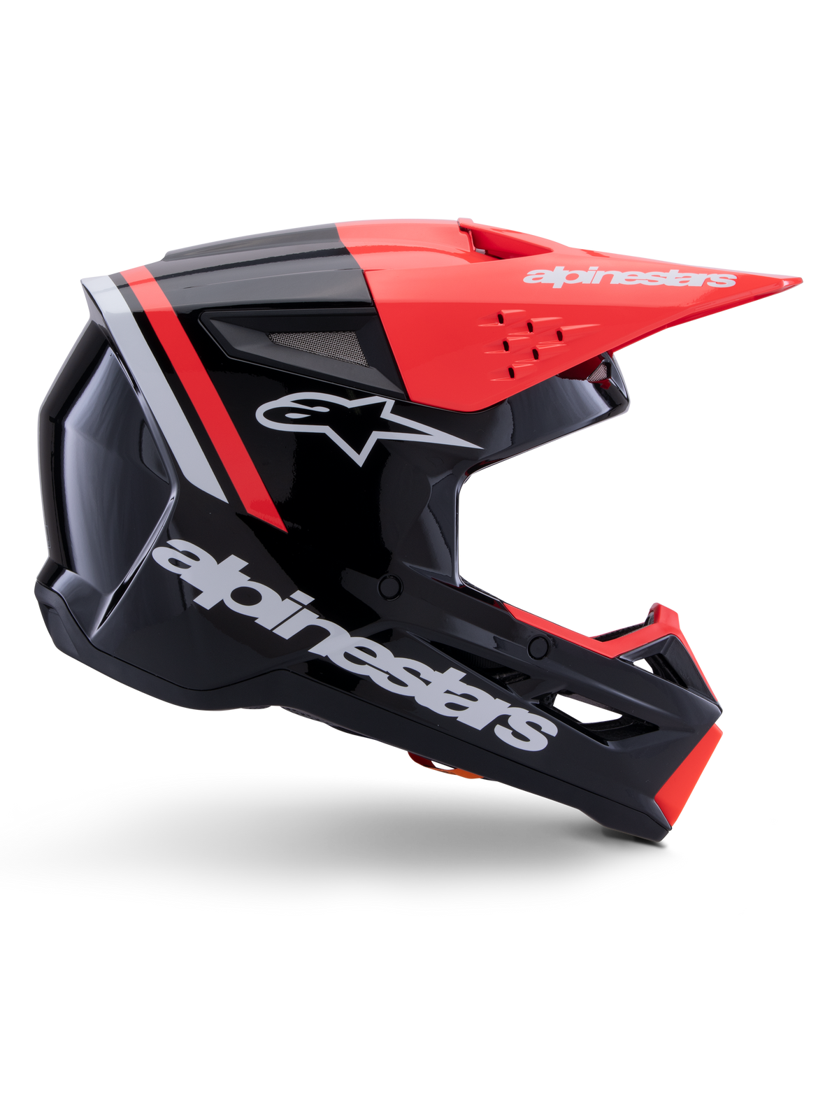 Alpinestars S-M3 Radium helm, motorcrosshelm, zwart, fluo rood en glanzend wit, voorzien van een aerodynamisch ontwerp met een hoekig vizier, ventilatieopeningen en een glanzende afwerking, hoogwaardige motorsportbescherming