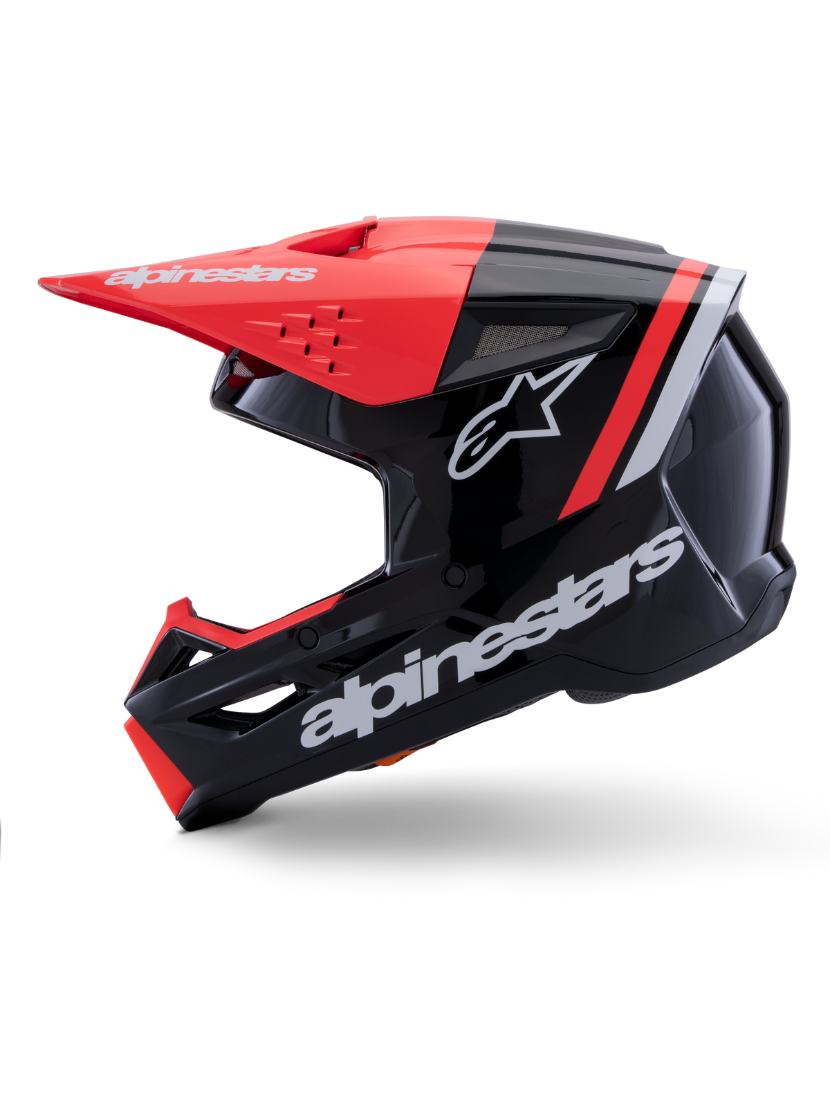 Alpinestars S-M3 Radium helm, motorcrosshelm, glanzend zwart met fluo rood en wit, zijaanzicht, met groot wit Alpinestars-logo en sterlogo, fluo rode klep en kinstuk-accenten, glanzende afwerking, ontworpen voor MX- en Enduro off-road rijden