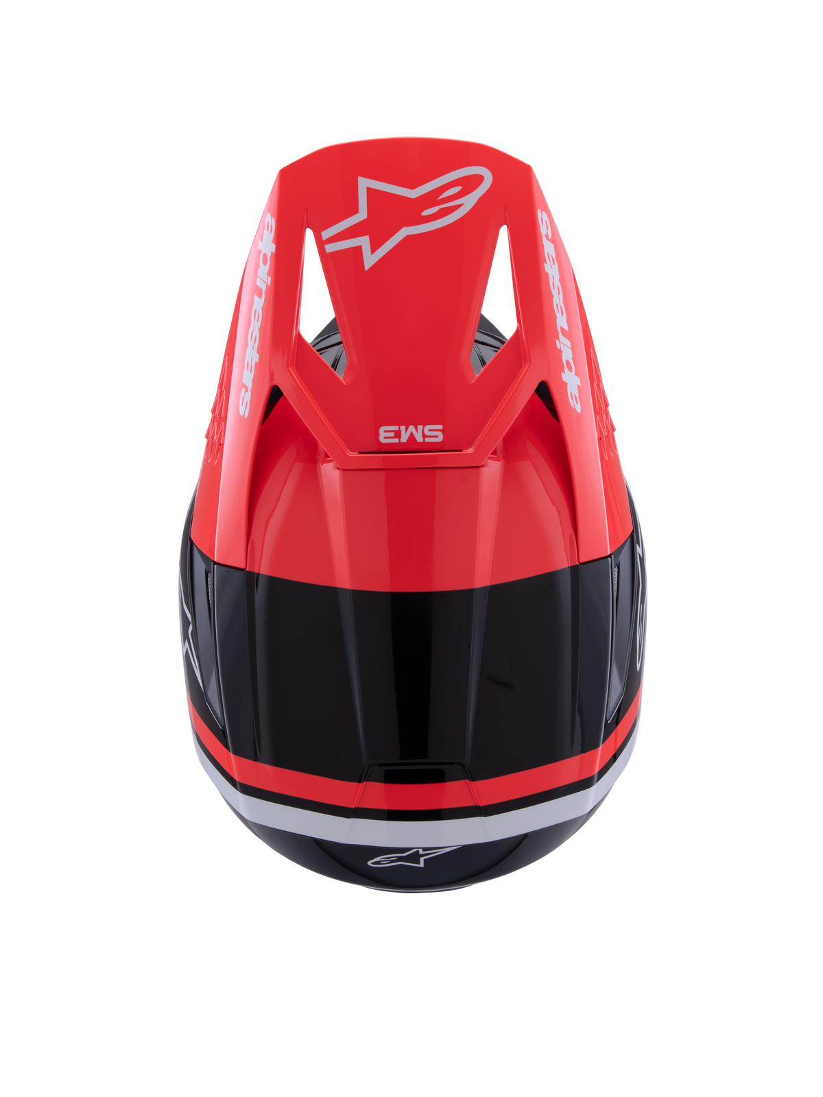 Alpinestars S-M3 Radium helm, motorcrosshelm, zwart met fluo rood en wit glanzend, bovenaanzicht met het fluo rode vizier voorzien van witte Alpinestars-branding en een gestroomlijnd aerodynamisch ontwerp.