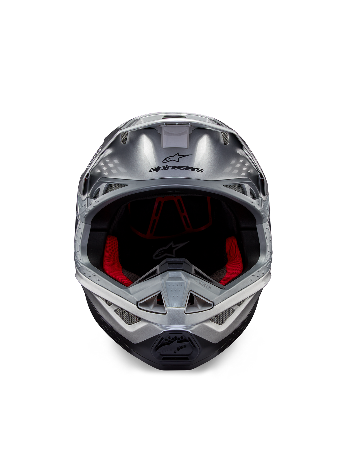 Alpinestars Supertech M10 Flood ECE 22.06 helm, motorcrosshelm, zilver, zwart en oranje fluo, vooraanzicht met een aerodynamische schaal, brede oogopening met rode binnenvoering, zwart Alpinestars-logo en geventileerd kinstuk voor off-road racen