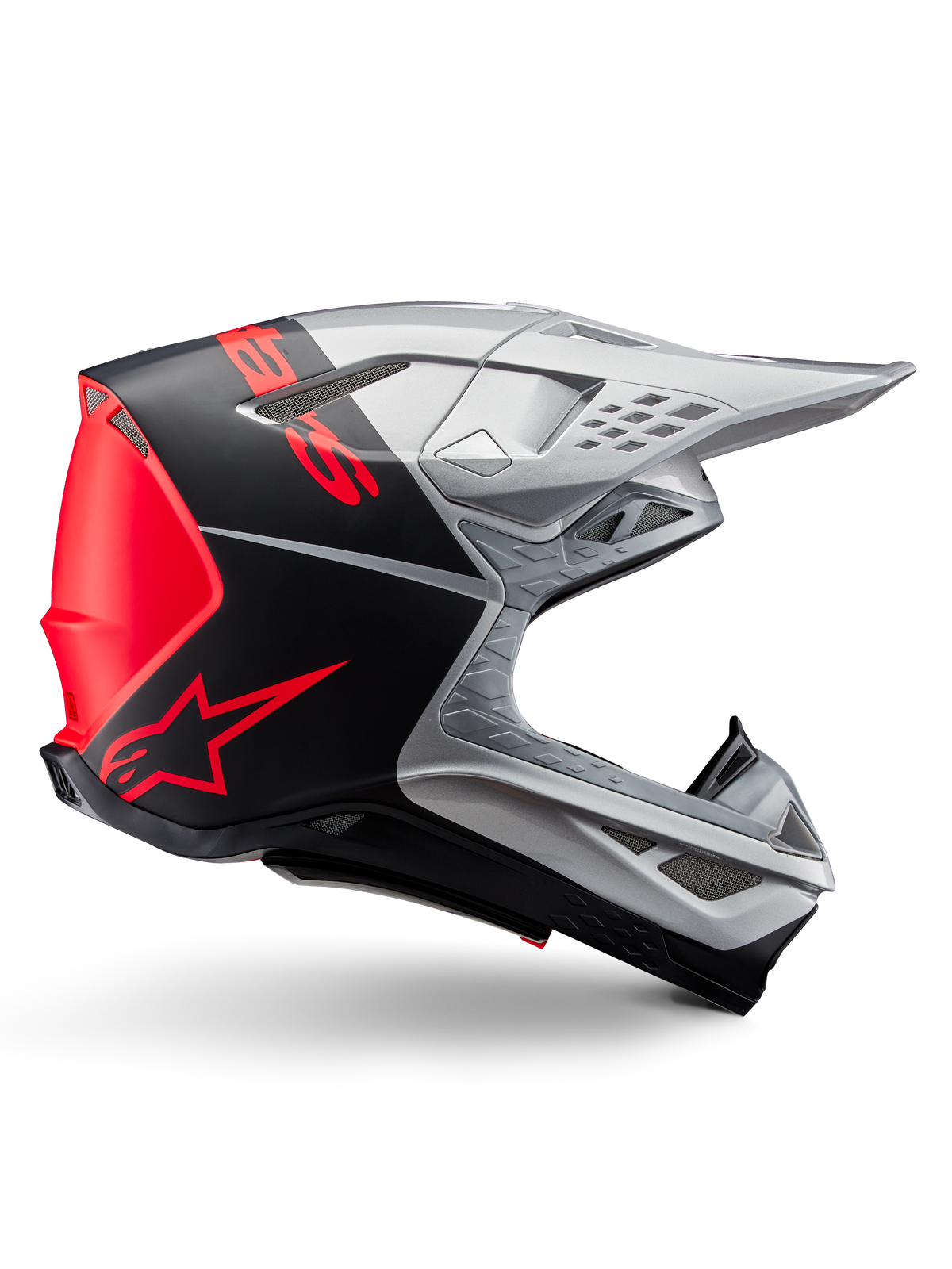 Alpinestars Supertech M10 Flood ECE 22.06 helm, motorcrosshelm, zilver, zwart en oranje fluo, matte en glanzende afwerking, aerodynamisch profiel met multi-composiet schaal, opvallende branding met oranje Alpinestars-logo, high-flow ventilatieopeningen en beschermend vizier