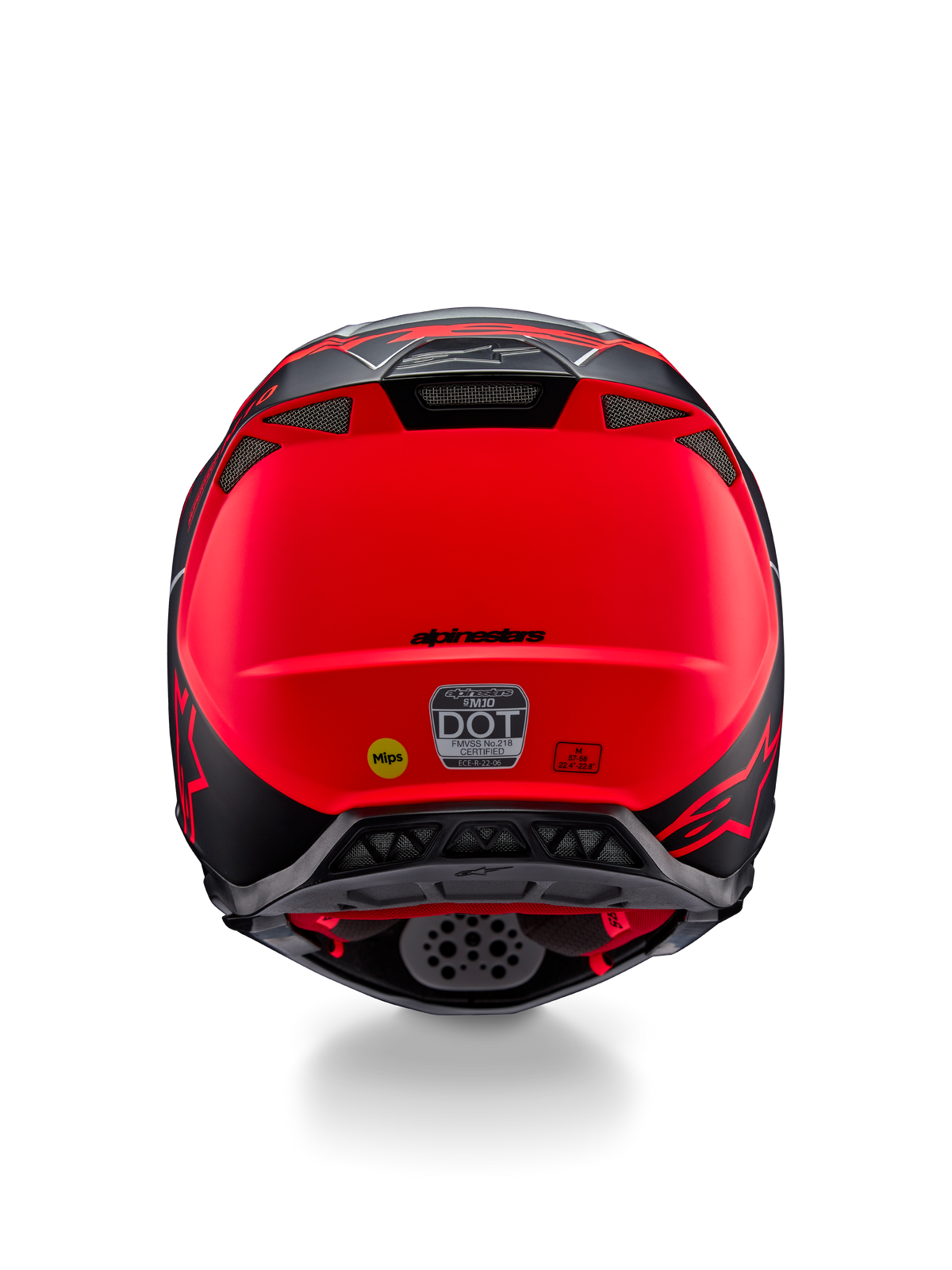 Alpinestars Supertech M10 Flood helm, achteraanzicht, zilver, zwart en mat fluorescerend oranje, met geïntegreerde ventilatieopeningen, DOT- en ECE-certificeringsstickers, geel Mips-logo en een gestroomlijnd aerodynamisch profiel voor motorcross