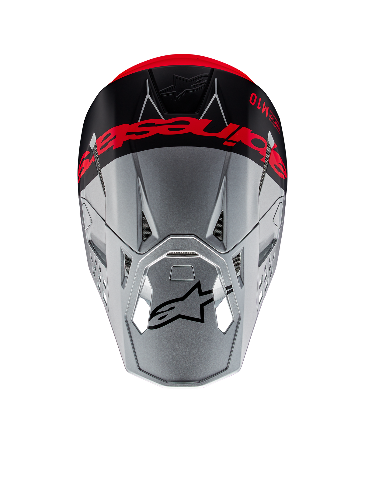 Alpinestars Supertech M10 Flood ECE 22.06 Helm, motorcrosshelm, zilver en zwart met fluorescerend oranje, bovenaanzicht met opvallende branding over de bovenzijde, zwart Astars-logo op het vizier, gestroomlijnd aerodynamisch profiel met ventilatieopeningen, matte en glanzende texturen.
