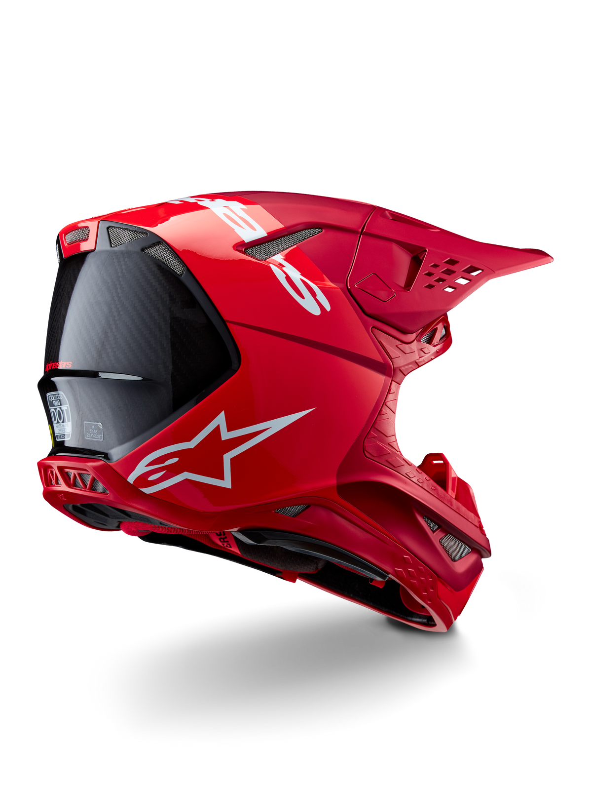Alpinestars Supertech M10 Flood helm, motorcrosshelm, rood en fluo rood, matte en glanzende afwerking, achterprofielaanzicht met wit Alpinestars-logo en koolstofvezel accenten, aerodynamisch ontwerp met meerdere ventilatieopeningen, hoogwaardige off-road hoofdbescherming