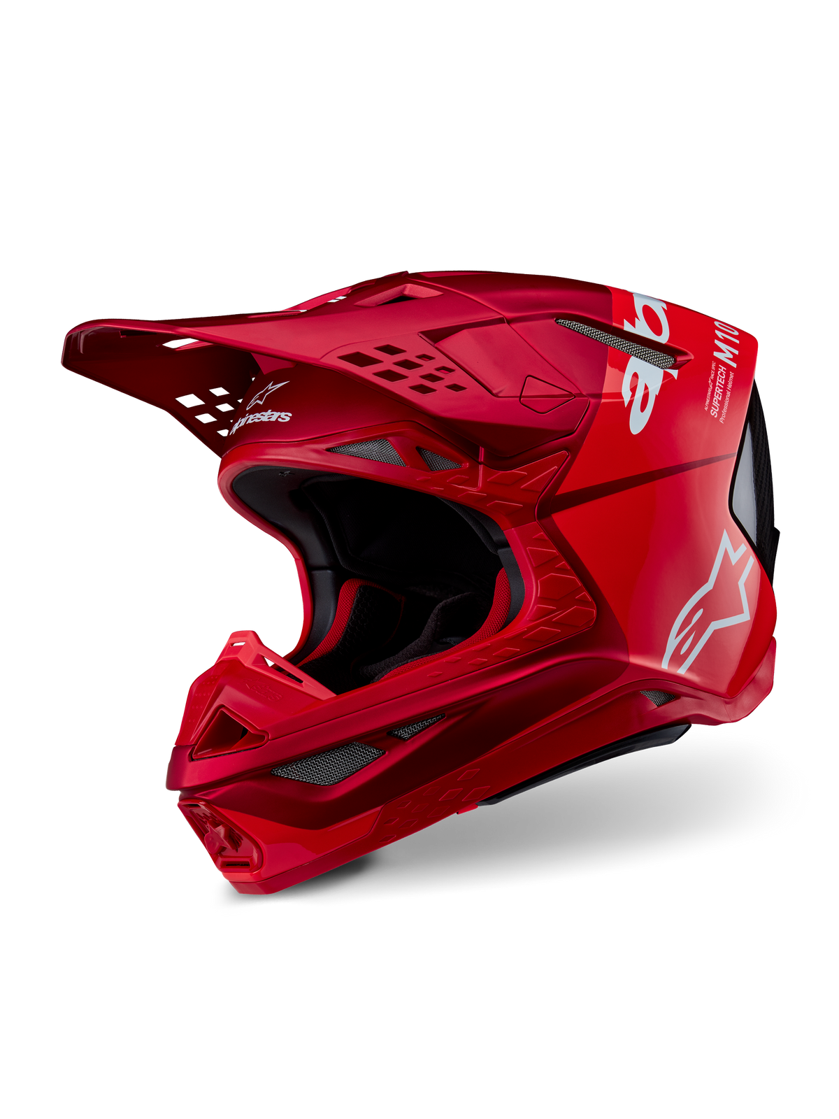 Alpinestars Supertech M10 Flood helm, motocrosshelm, rood en fluo rood mat en glanzend, voorzien van witte Alpinestars-logo's, aerodynamisch profiel met meerdere ventilatieopeningen, lichtgewicht carbon composiet schaal voor off-road racing