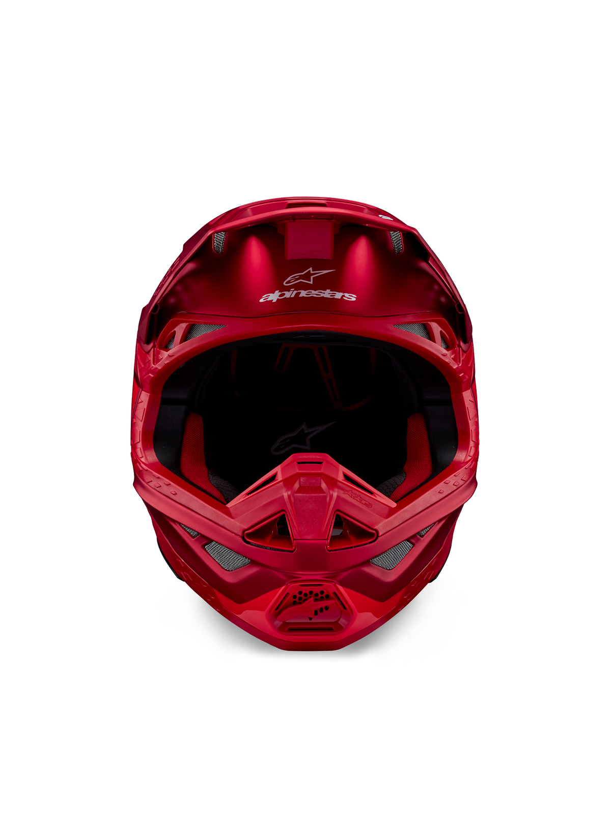 Alpinestars Supertech M10 Flood helm, motorcrosshelm, rood fluo en rood mat/glanzend, vooraanzicht met aerodynamisch profiel en meerdere ventilatieopeningen, Alpinestars-logo op het voorhoofd en rode binnenvoering, professionele off-road race-uitrusting