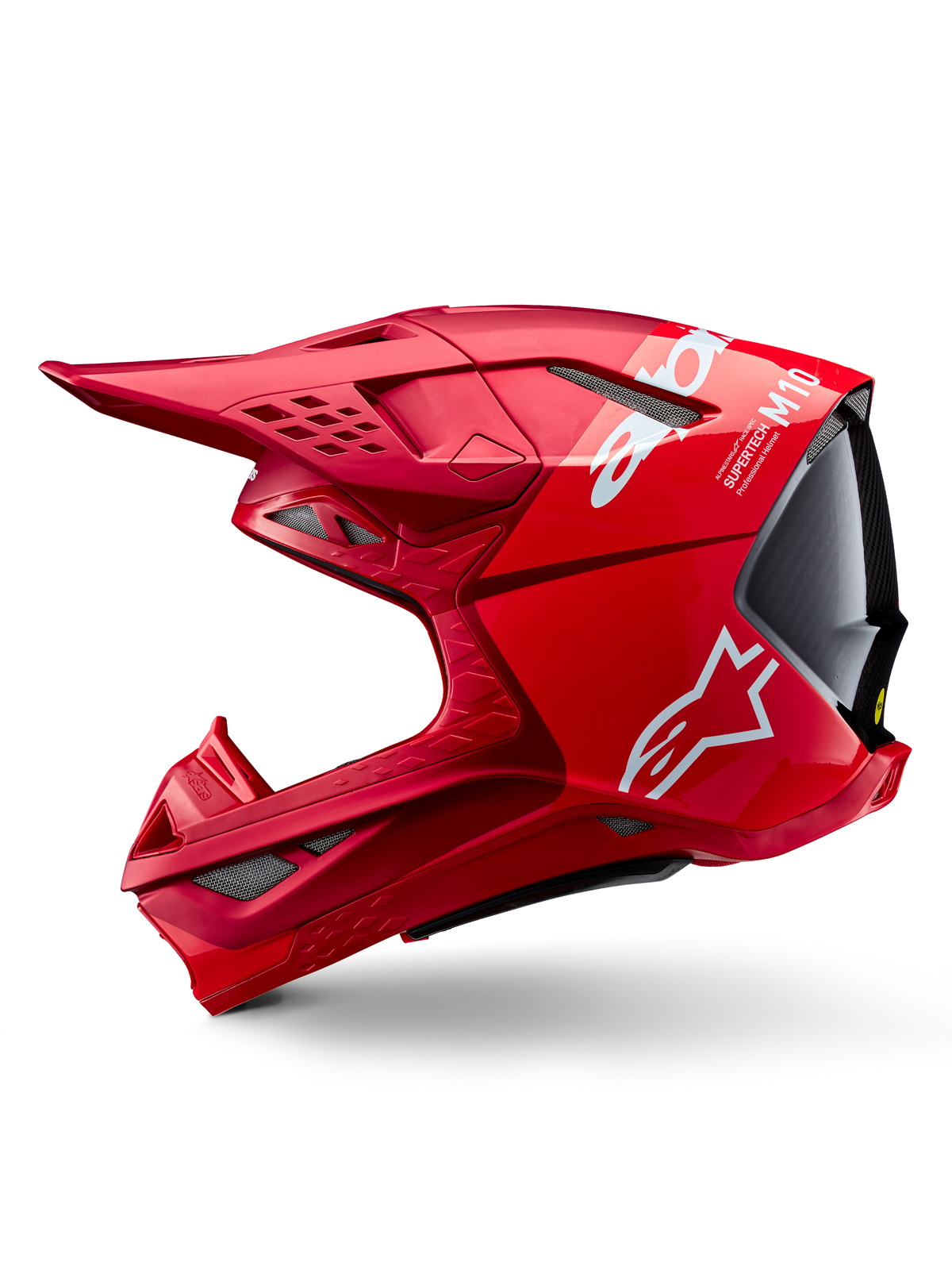 Alpinestars Supertech M10 Flood ECE 22.06 Helm, motocrosshelm, rood en fluo rood met matte en glanzende afwerking, zijaanzicht met aerodynamisch schaalontwerp, meerdere ventilatieopeningen en witte Alpinestars-branding.
