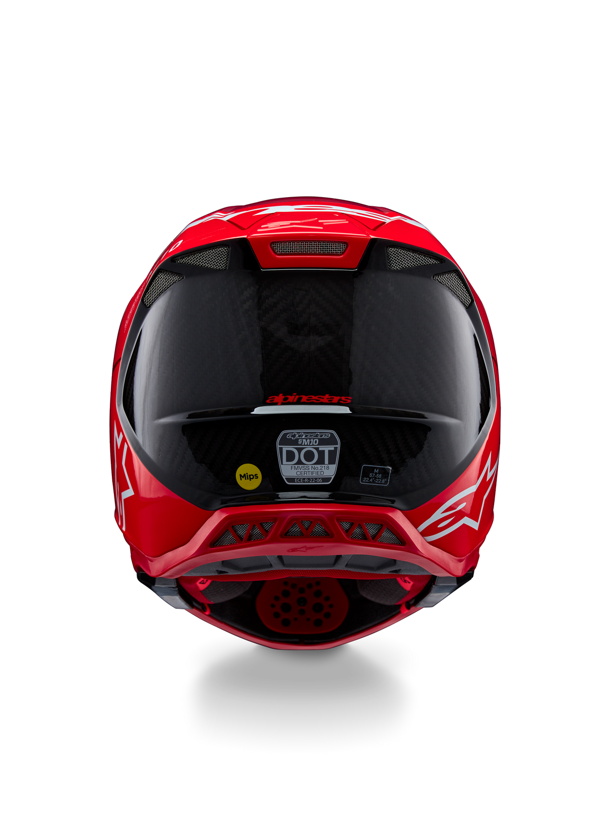 Alpinestars Supertech M10 Flood ECE 22.06 Helm, achteraanzicht, fluo rood mat en glanzend, motorcrosshelm met zichtbare koolstofvezeltextuur, MIPS- en DOT-certificeringsstickers en aerodynamische ventilatieopeningen