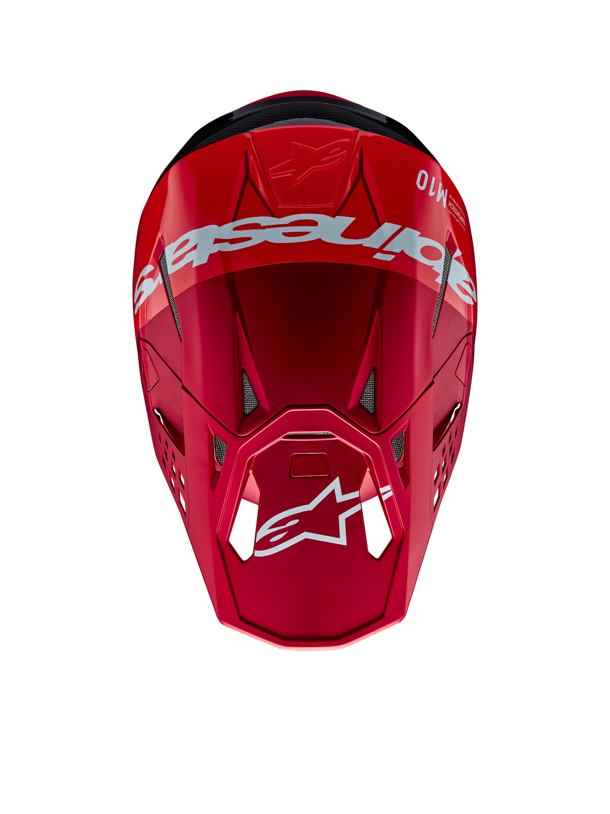 Alpinestars Supertech M10 Flood-helm, motorcrosshelm, rood en fluo rood met matte en glanzende afwerking, bovenaanzicht met opvallende Alpinestars branding en logo, geavanceerde aerodynamische schaal met geïntegreerde ventilatieopeningen voor off-road racen