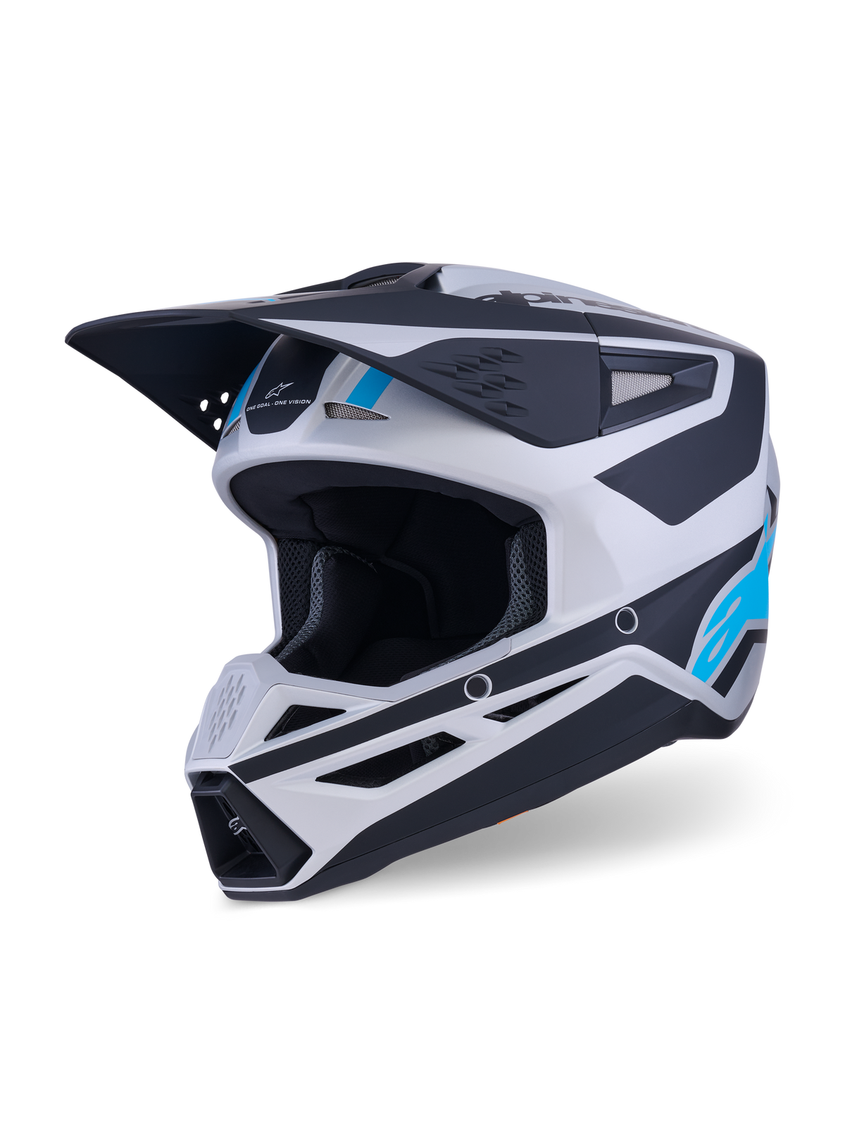Alpinestars S-M3 Heat helm, motorcrosshelm, zilver, blauw en mat zwart, met een aerodynamisch vizier, meerdere ventilatieopeningen en opvallende grafische accenten, beschermende uitrusting voor off-road motorrijden