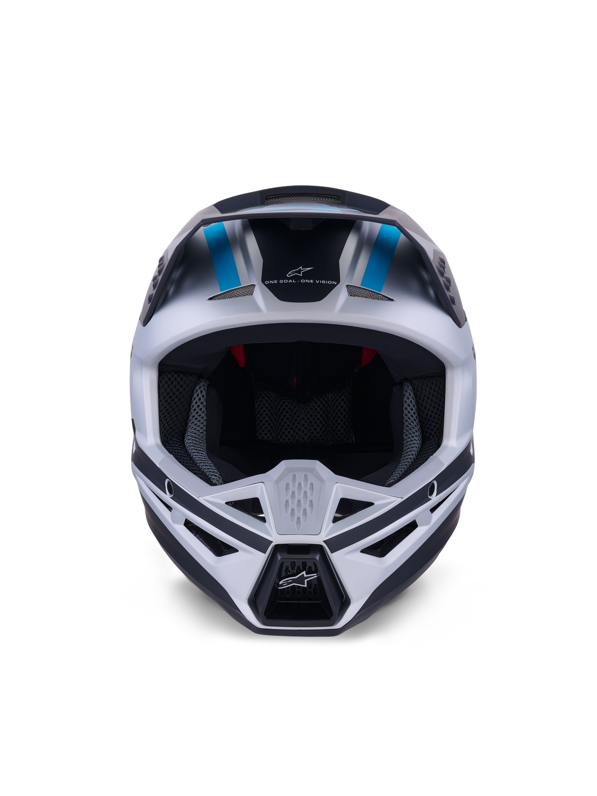 Alpinestars S-M3 Heat Helm, motorcrosshelm, zilver blauw en matzwart, vooraanzicht met focus op het ventilatiesysteem, de grote oogopening en mesh binnenvoering, met de slogan 'ONE GOAL ONE VISION' op het voorhoofd.