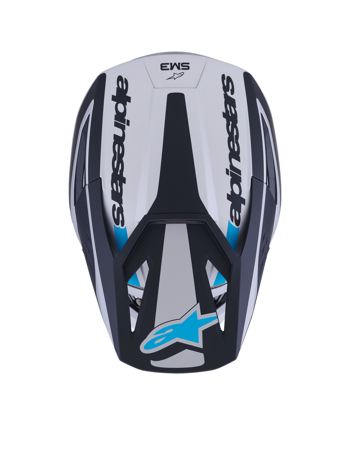 Alpinestars S-M3 Heat helm, motorcrosshelm, bovenaanzicht, zilver, blauw en matzwart, voorzien van Alpinestars-woordmerk op de zijkanten, blauw Astar-logo op de vizierklep en aerodynamisch schaalontwerp met een matte afwerking