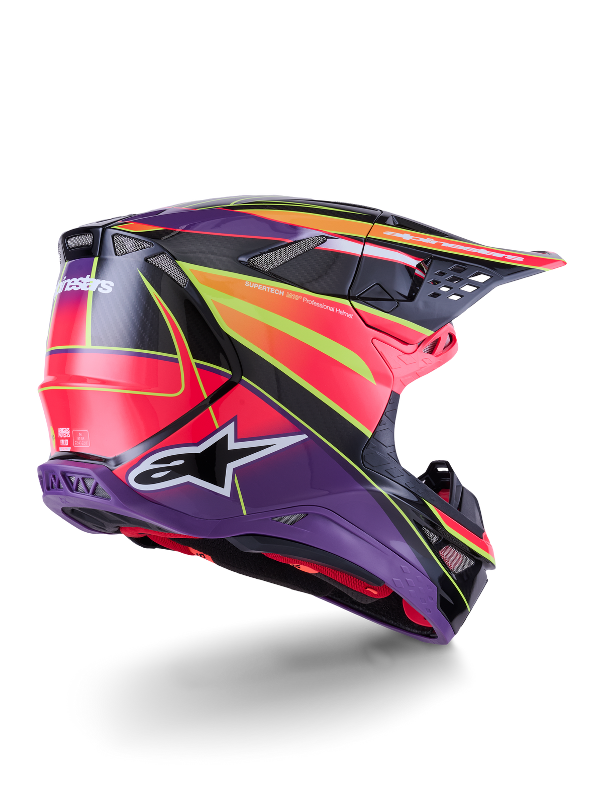 Alpinestars Supertech M10 Era Helmet, Motocross Helmet, Pink Violet and Yellow Fluo Glossy, rear three-quarter view showing the aerodynamic carbon fiber shell, integrated ventilation ports, and bold graphic branding, high-performance off-road racing gear