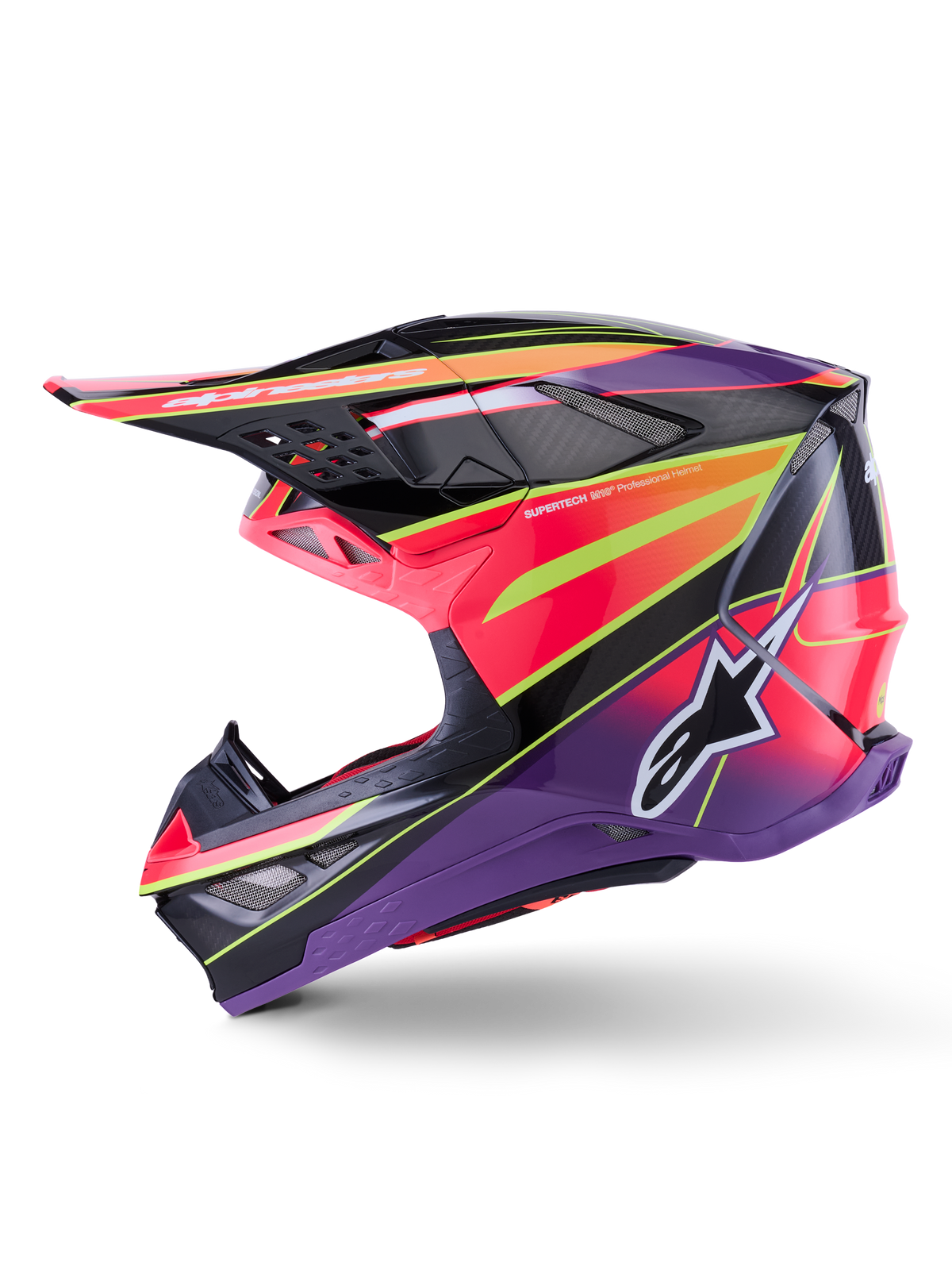 Alpinestars Supertech M10 Era Helmet, Motocross Helmet, Pink Violet and Fluorescent Yellow Glossy, side profile view showing bold geometric graphics and carbon fiber texture, featuring the Alpinestars star logo, integrated ventilation ports, and a sleek aerodynamic design for off-road racing.