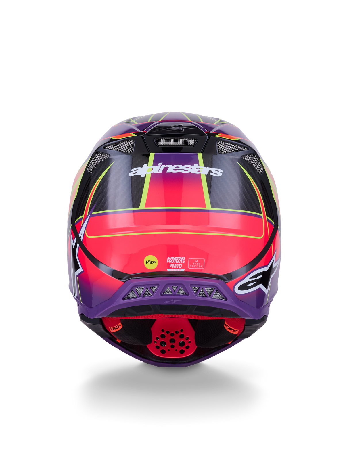 Alpinestars Supertech M10 Era Helmet ECE 22.06, Rear View, Pink Violet and Yellow Fluo Glossy, motocross helmet with carbon fiber construction and MIPS protection technology