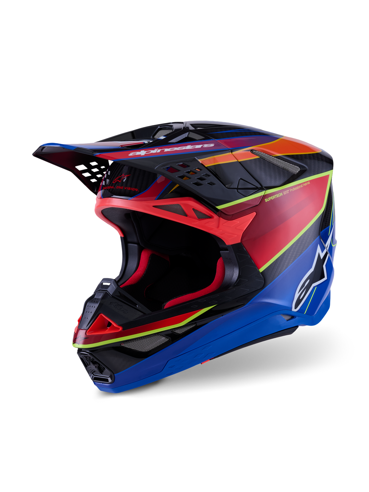 Alpinestars Supertech M10 Era helm, motorcrosshelm, blauw, rood en geel fluo glanzend, professioneel multi-composiet carbon schaalontwerp met geavanceerde ventilatieopeningen en aerodynamisch vizier voor off-road racen.