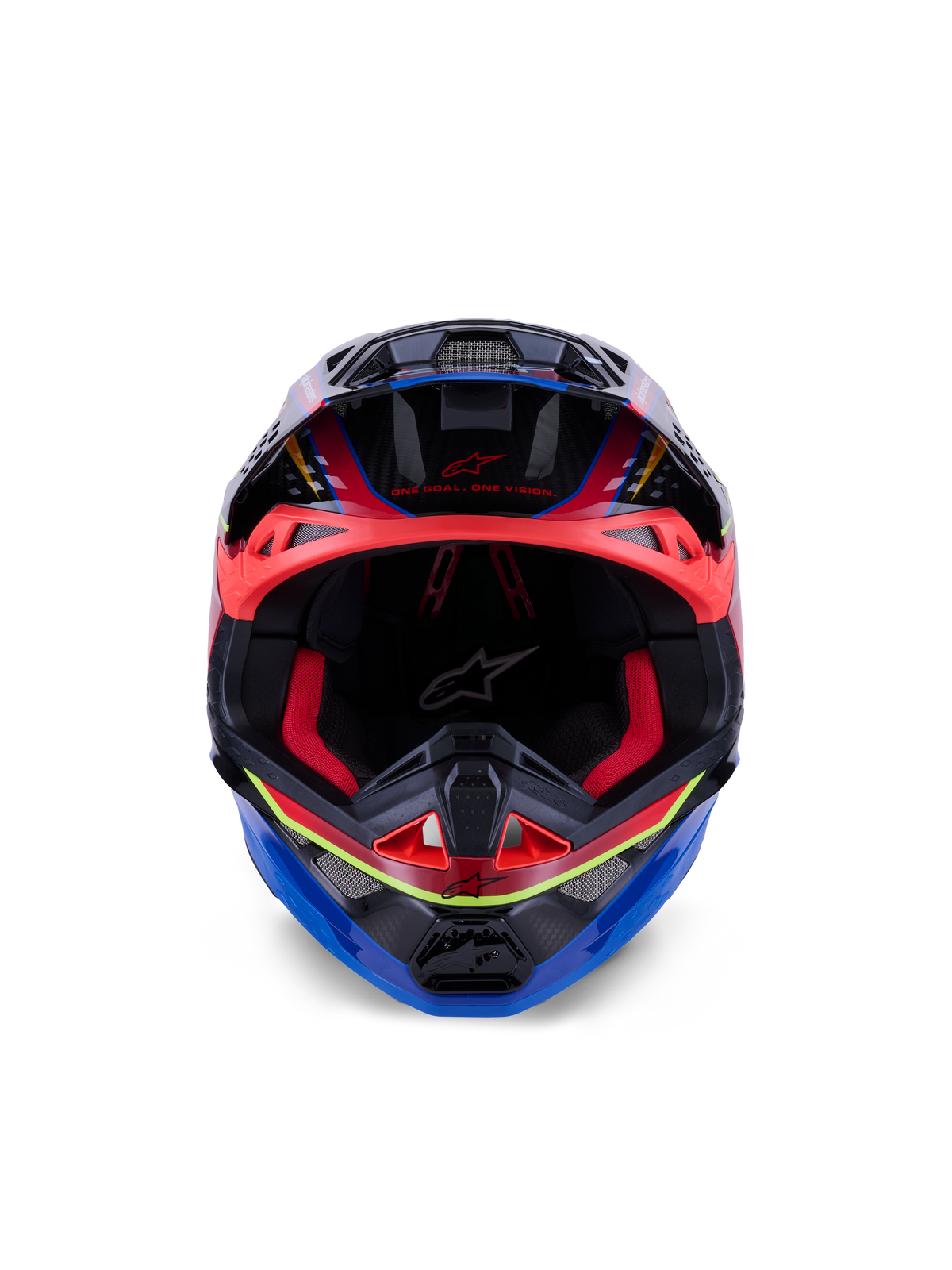 Alpinestars Supertech M10 Era helm, motorcrosshelm, blauw, rood en fluo geel glanzend, vooraanzicht met rode binnenvoering en agressieve ventilatieopeningen, glanzende 3K carbon schaal met aerodynamisch ontwerp voor off-road racen