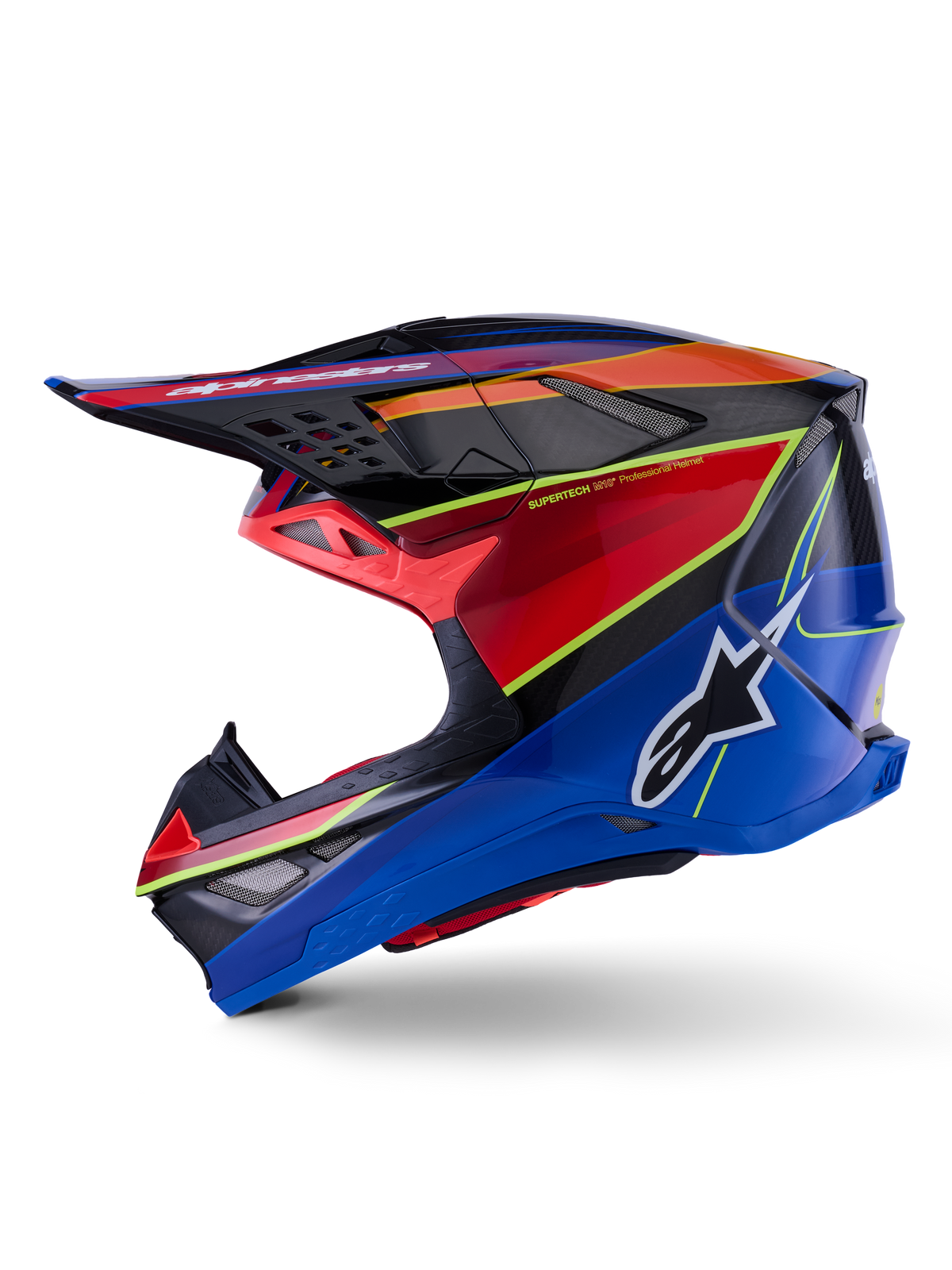 Alpinestars Supertech M10 Era helm, motorcrosshelm, blauw, rood en fluo geel glanzend, zijaanzicht met een aerodynamische schaal van koolstofvezel, opvallend Alpinestars logo op de zijkant en meerdere ventilatieopeningen, professionele off-road race-uitrusting