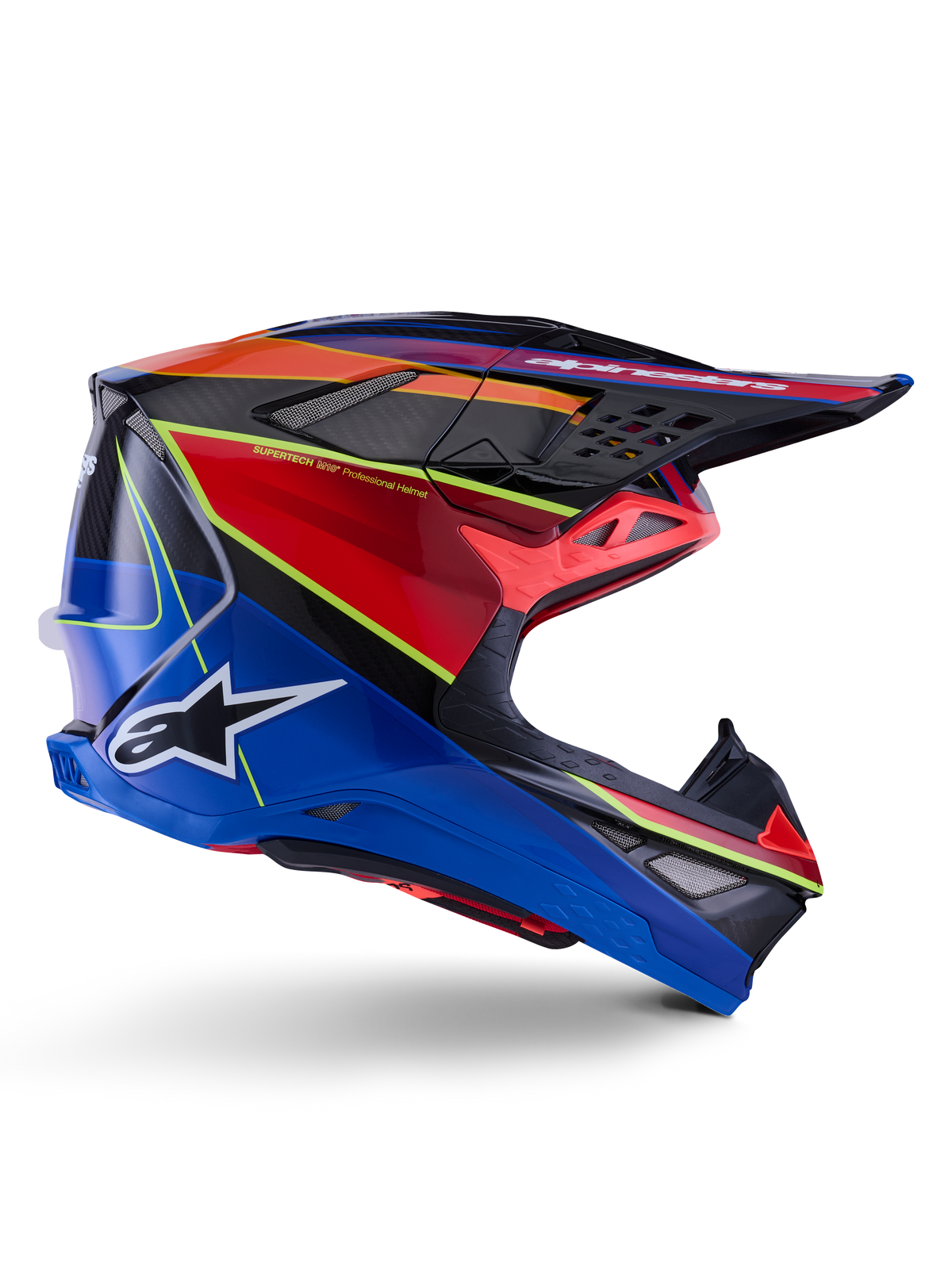 Alpinestars Supertech M10 Era helm, motorcrosshelm, blauw, rood en fluo geel glanzend, zijaanzicht met multi-composiet carbon schaal, wit Alpinestars-logo, aerodynamisch ontwerp met meerdere ventilatieopeningen voor off-road racen