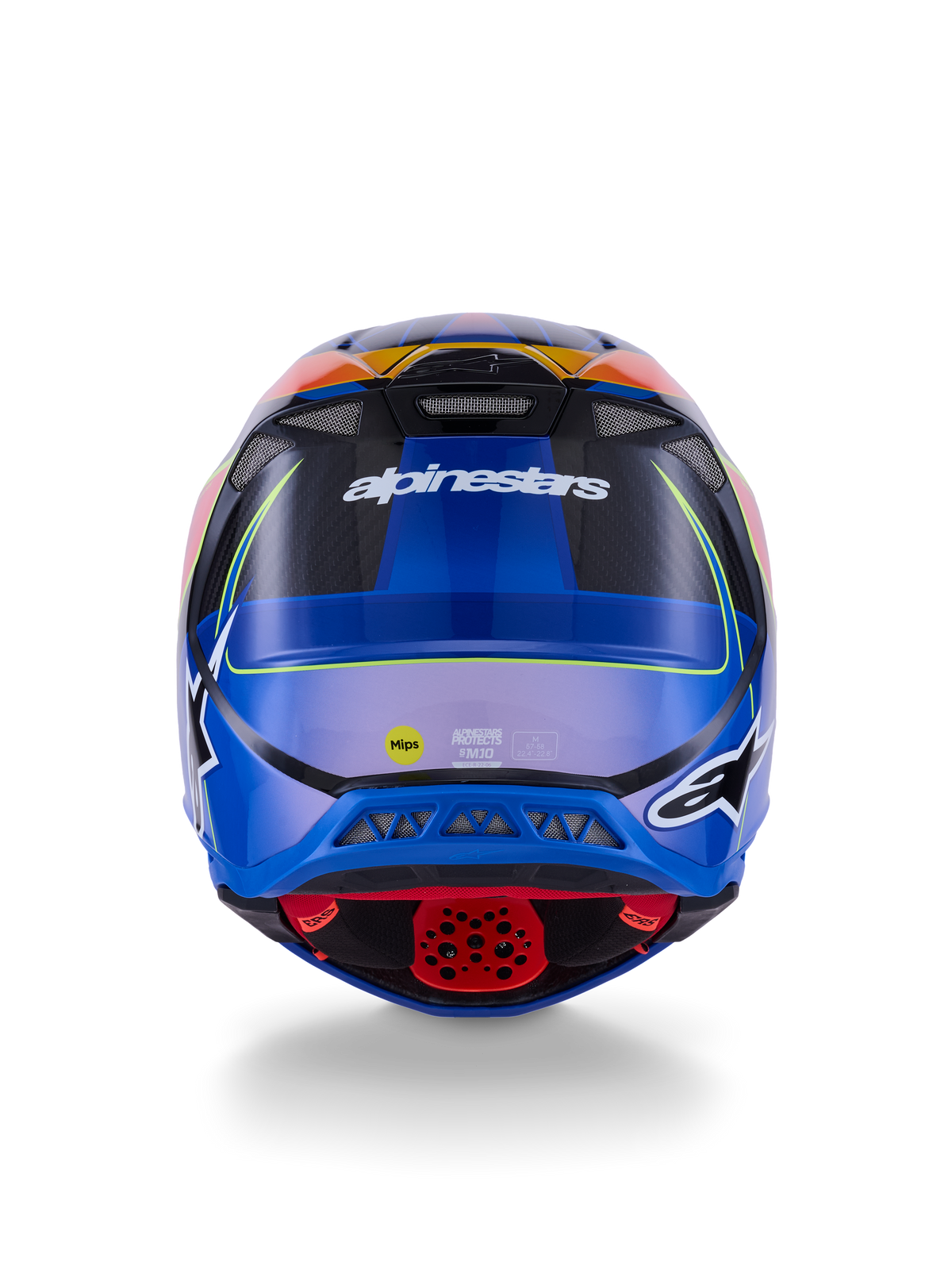 Alpinestars Supertech M10 Era helm, motorcrosshelm, achteraanzicht, blauw rood geel fluo glossy, met ventilatieopeningen, carbon-composiet schaal, Alpinestars-branding en MIPS-veiligheidssticker, geavanceerde off-road bescherming