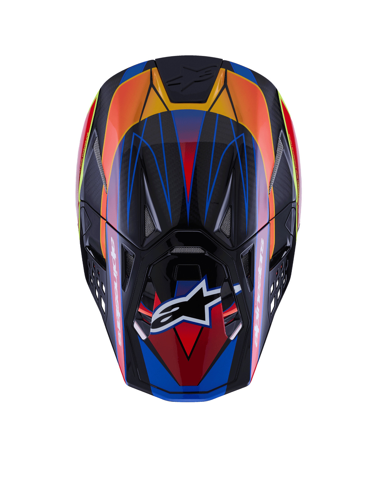 Alpinestars Supertech M10 Era helm, bovenaanzicht, blauw, rood en geel fluo glanzende afwerking, voorzien van een koolstofvezel schaal, meerdere ventilatieopeningen met mesh, Alpinestars-logo op het vizier, geavanceerde motorcross bescherming