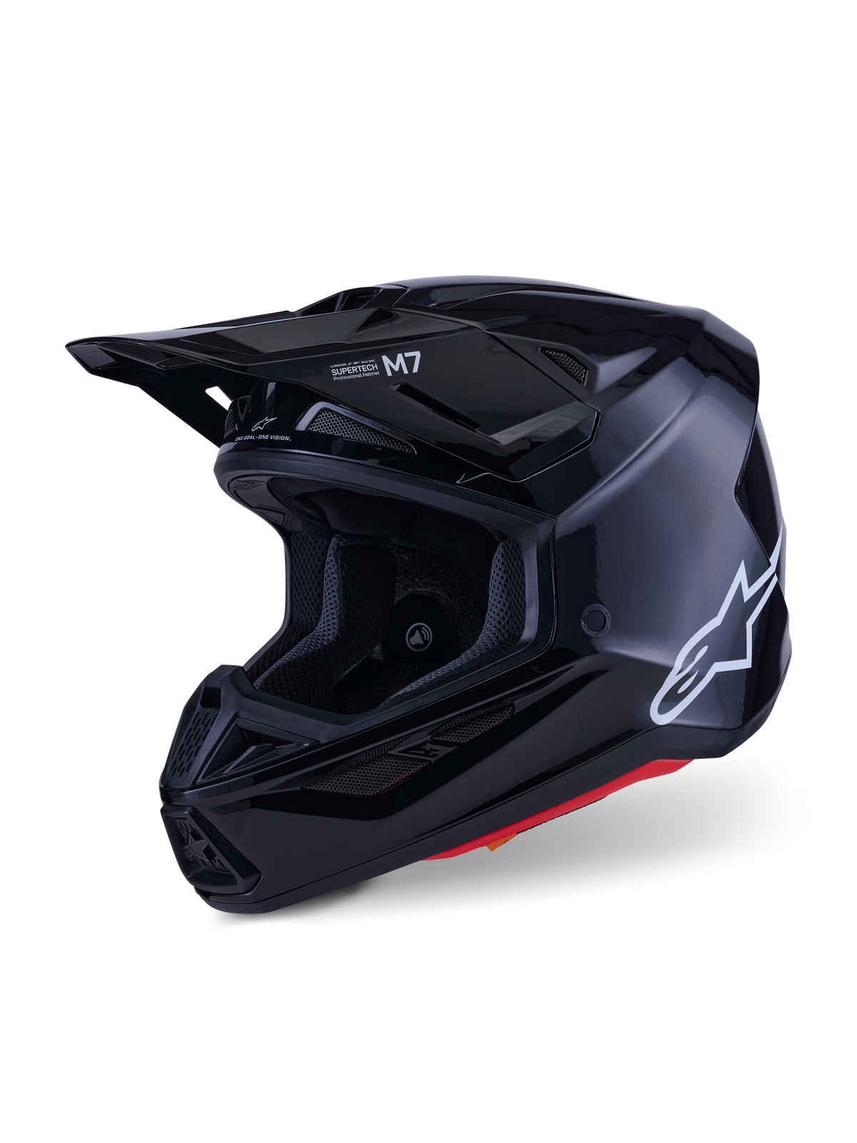 Alpinestars S-M7 Solid helm, motorcrosshelm, glanzend zwart, voorzien van een wit Alpinestars-logo aan de zijkant, aerodynamisch vizier en meerdere luchtinlaatopeningen voor off-road racing bescherming