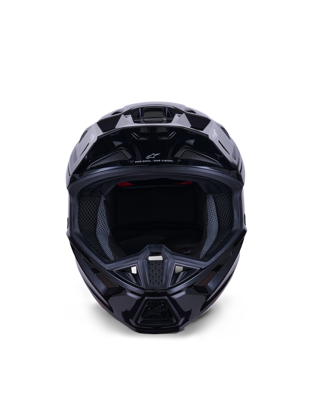 Alpinestars S-M7 Solid Helm ECE 22.06, motocrosshelm, glanzend zwart, vooraanzicht met nadruk op de aerodynamische composietschaal, ventilatieopeningen op de kinbeugel en interne mesh-voering, strakke afwerking voor off-road racing