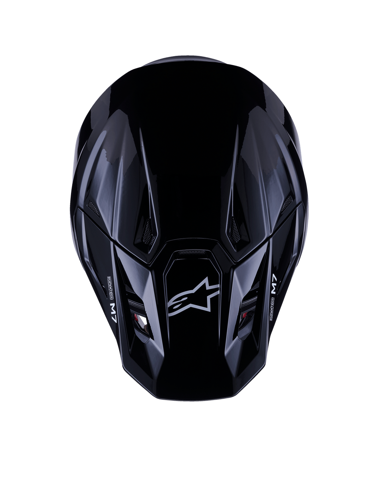 Alpinestars S-M7 Solid Helm ECE 22.06, motorcrosshelm, glanzend zwart, bovenaanzicht van de aerodynamische composietschaal met Alpinestars-logo en M7-branding, strak ontwerp met ventilatieopeningen voor off-road raceprestaties