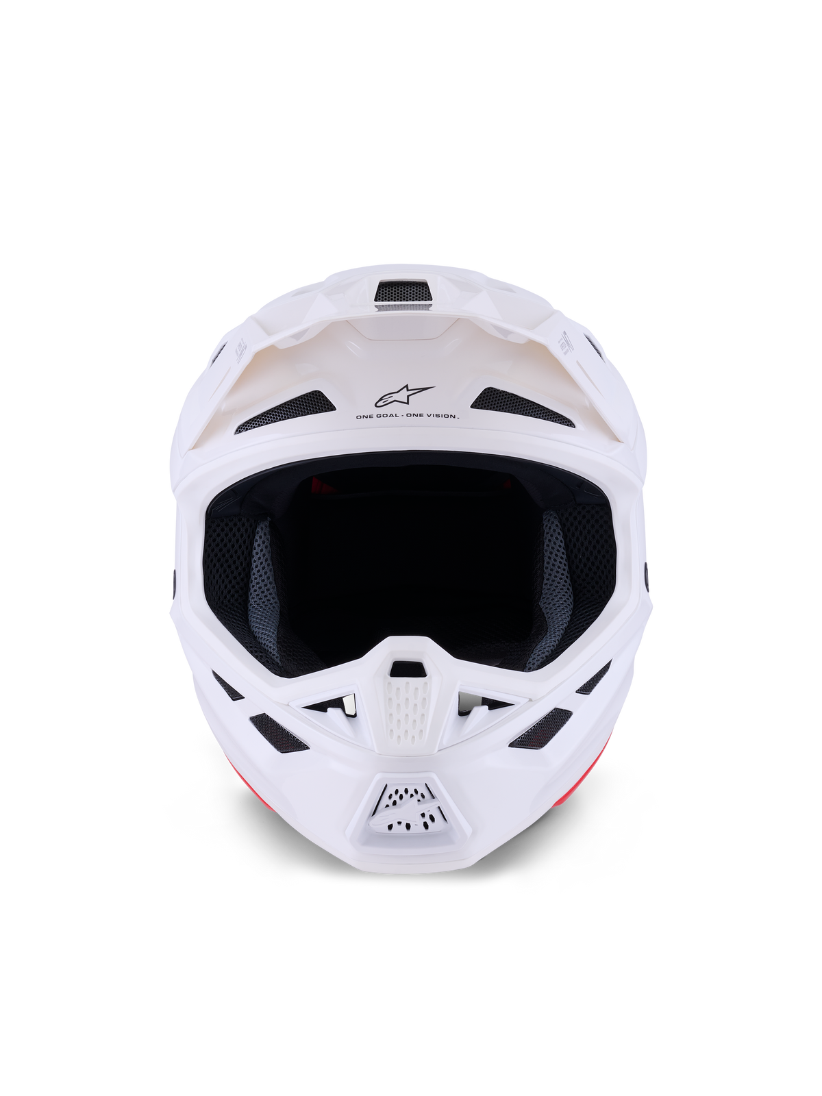 Alpinestars S-M7 Solid Helm, motorcrosshelm, White Glossy, vooraanzicht met ventilatieopeningen en kinstuk, aerodynamisch composiet schaalontwerp voor off-road racen