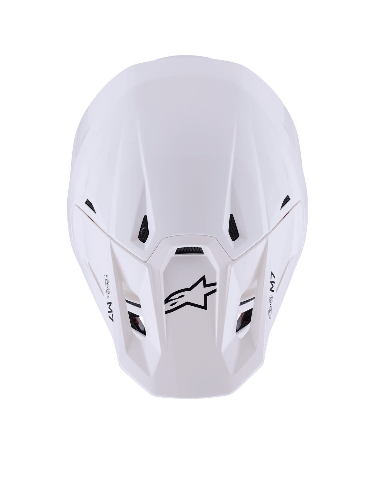 Alpinestars S-M7 Solid helm, motorcrosshelm, glanzend wit, bovenaanzicht met gestroomlijnde aerodynamische schaal, zwarte ventilatieopeningen, zwart Astar-logo en M7-branding op de klep, hoogwaardige off-road race-uitrusting