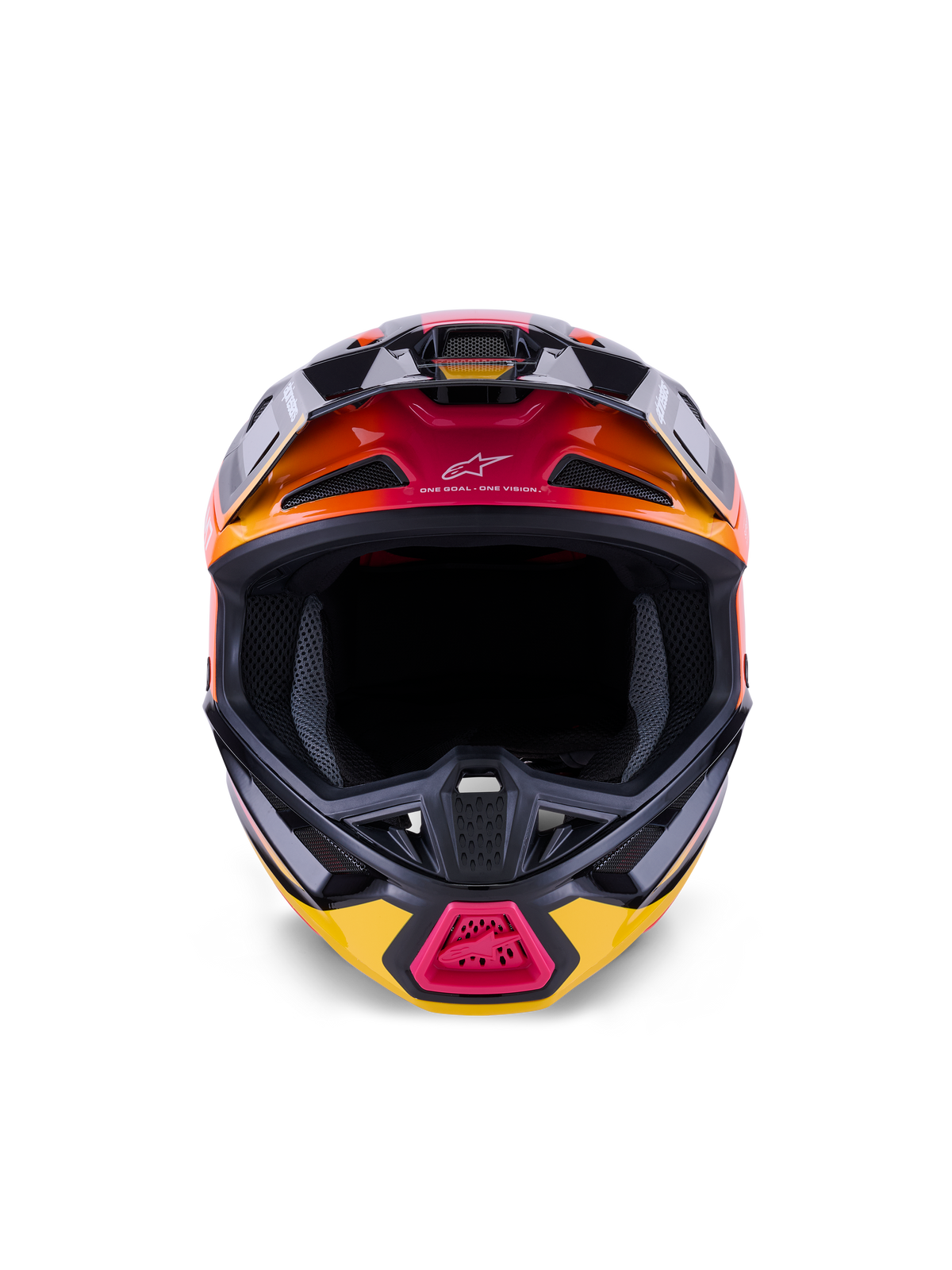 Alpinestars S-M7 Rise Helm ECE 22.06, motorcrosshelm, glanzend zwart, geel en roze met oranje kleurverlopen, vooraanzicht met aerodynamische composiet schaal, meerdere ventilatieopeningen met gaas en 'One Goal. One Vision.' branding, ontworpen voor off-road racing