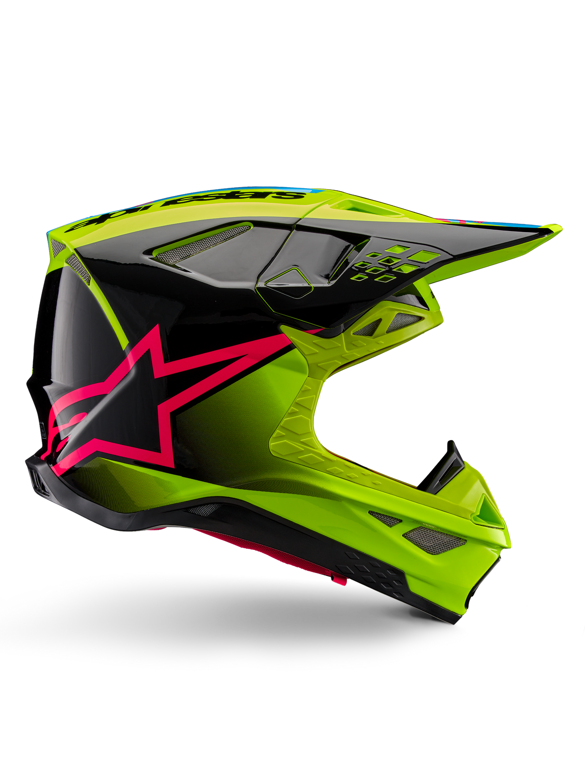 Alpinestars Supertech M10 Unite helm, motorcross racehelm, fluogeel en zwart met Diva Pink ster-graphics, glanzend aerodynamisch ontwerp met meerdere ventilatieopeningen, ECE 22.06 gecertificeerd
