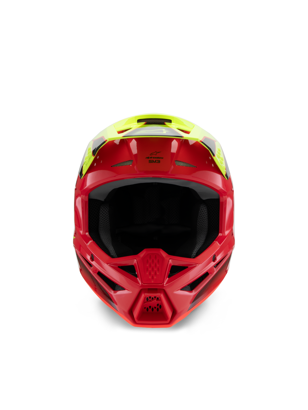Alpinestars S-M3 Jeugd Fray-helm, motorcrosshelm, rood en geel fluo glanzend, vooraanzicht met nadruk op de ventilatie-inlaten en het agressieve kinstuk, gespecialiseerde off-road hoofdbescherming voor jonge rijders
