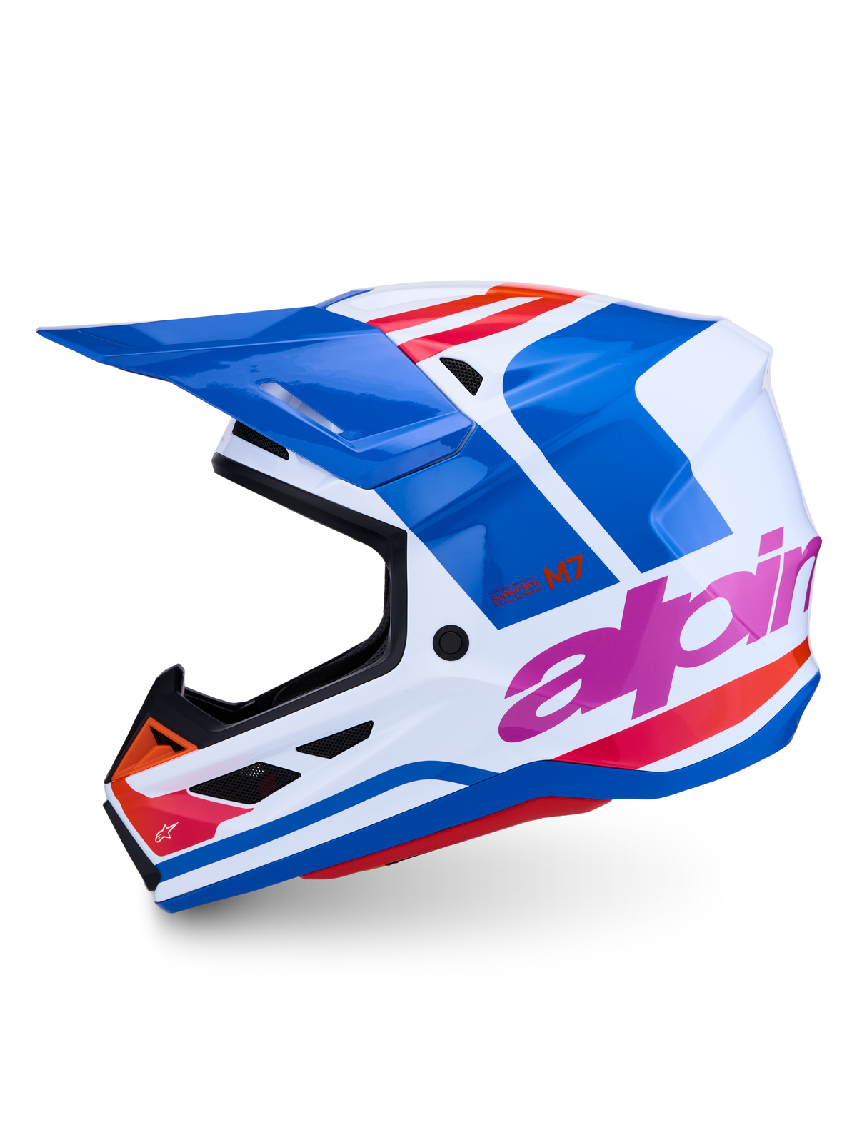Alpinestars S-M7 Core helm, professionele motorcrosshelm, blauw en wit met roze en oranje accenten, glanzende afwerking, ECE-gecertificeerd, lichtgewicht composietconstructie voor off-road racing.