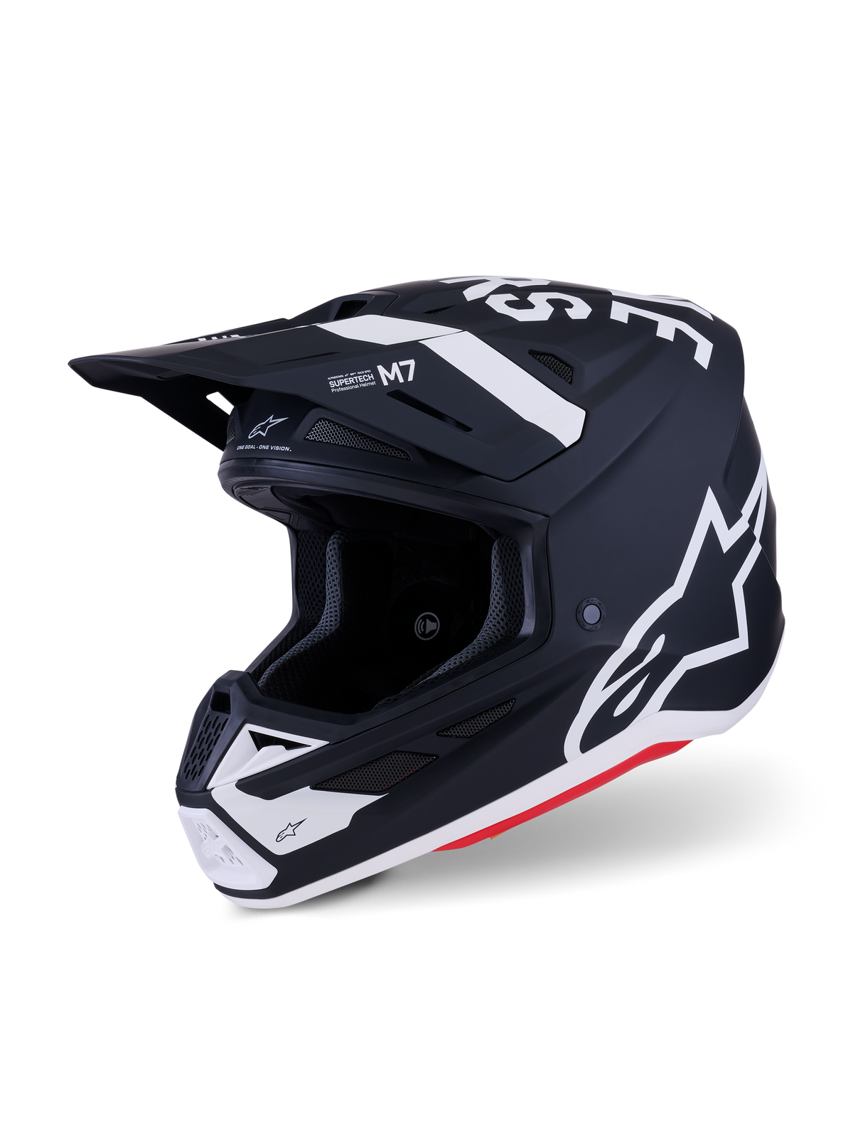 Alpinestars S-M7 Dasher Helm, motorcross helm, mat zwart en wit met rode accenten, voorzien van opvallende witte Alpinestars-logo's en graphics, aerodynamische composietschaal met geïntegreerde ventilatieopeningen en een beschermend vizier.