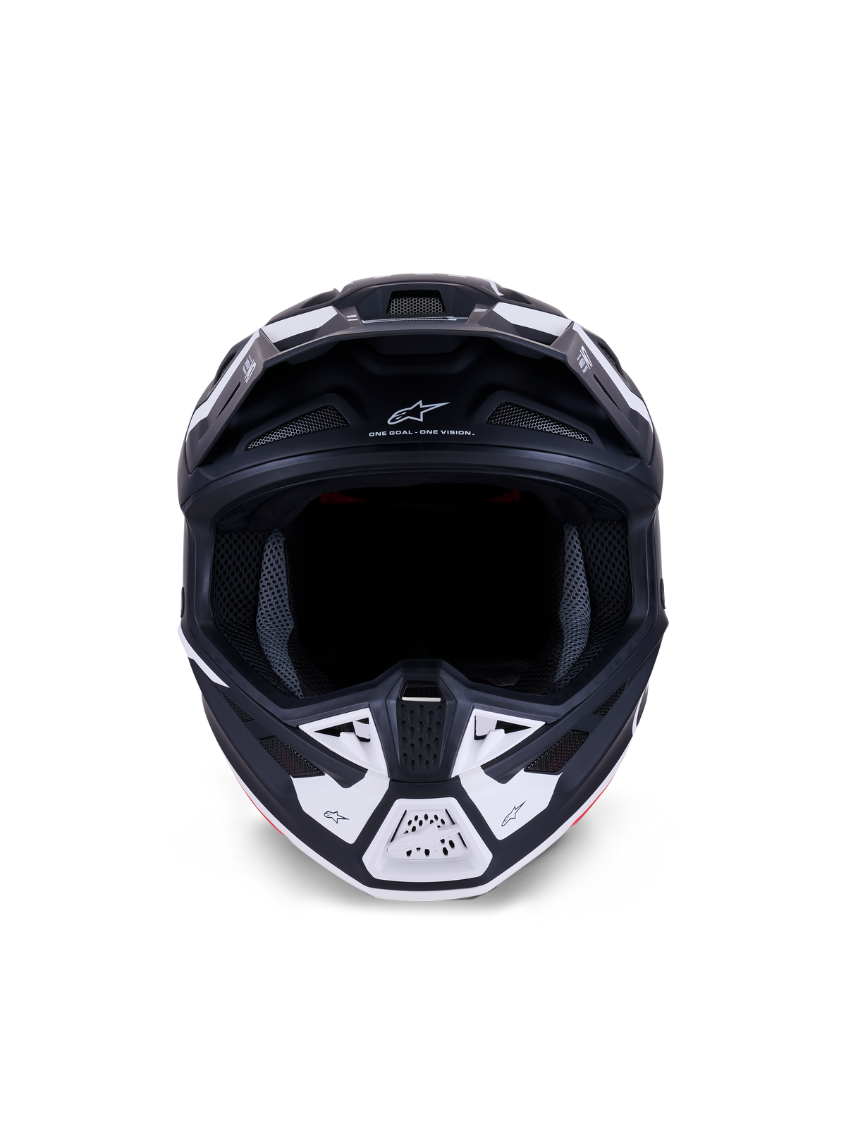 Alpinestars S-M7 Dasher Helm ECE 22.06, motorcrosshelm, mat zwart en wit, vooraanzicht met ventilatieopeningen en geometrische graphics, voorzien van de tekst "ONE GOAL - ONE VISION", professionele off-road racebescherming