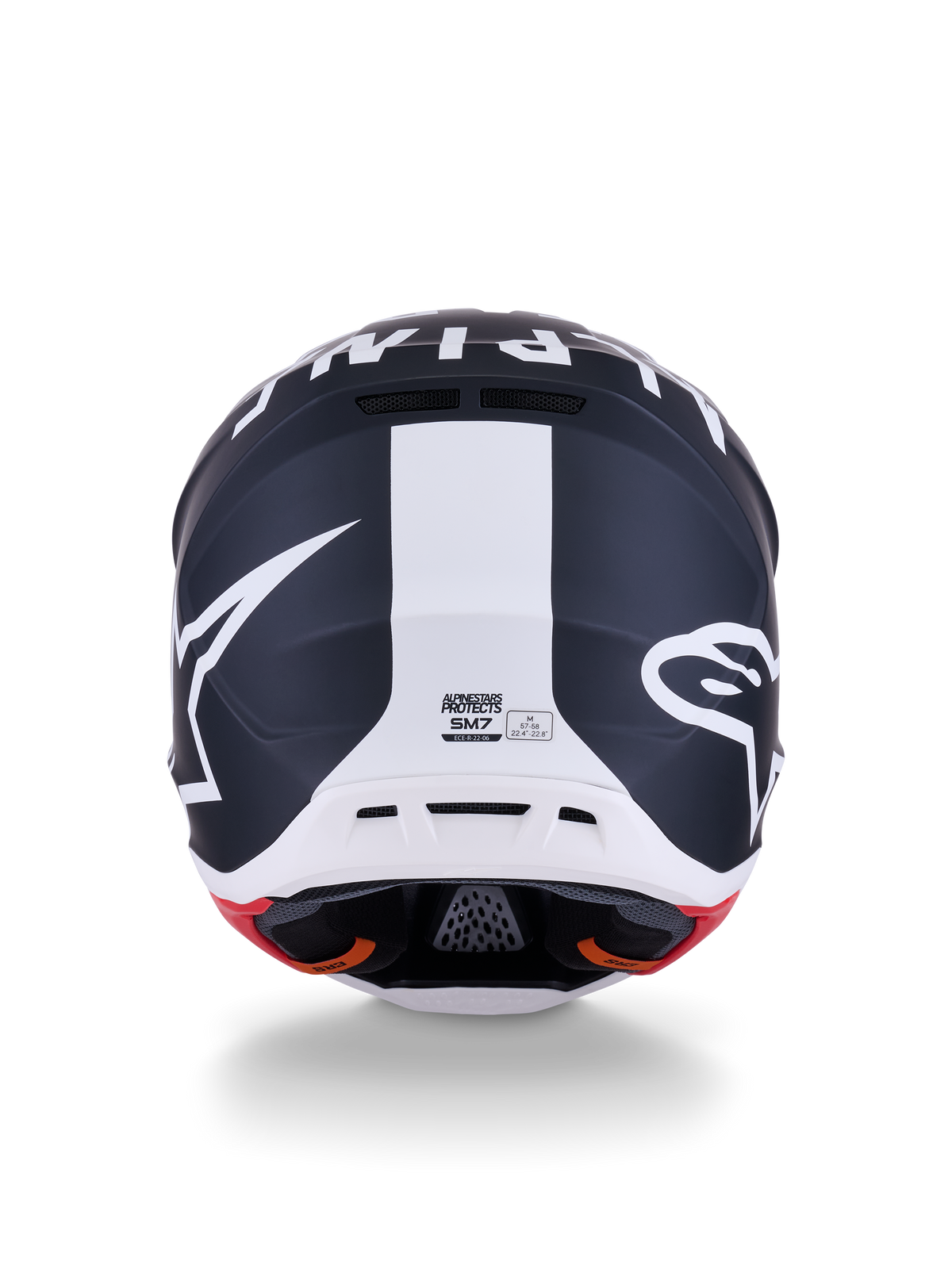 Alpinestars S-M7 Dasher helm, motorcrosshelm, mat zwart en wit met rode accenten, achteraanzicht met opvallend sterlogo en centrale witte streep, aerodynamisch ontwerp voor off-road racing