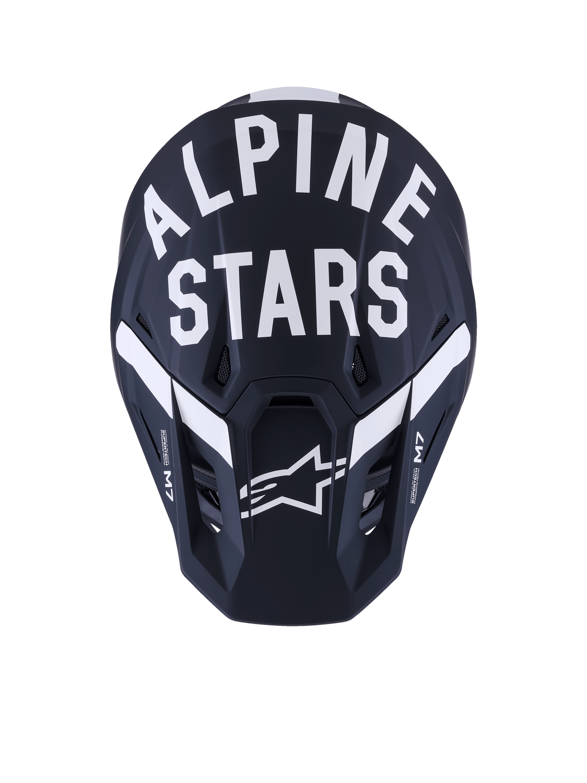Alpinestars S-M7 Dasher helm, motorcrosshelm, zwart wit mat, vooraanzicht met opvallende witte Alpinestars-tekst en sterlogo, composietschaal met matte afwerking en ventilatieopeningen, professionele off-road race-uitrusting