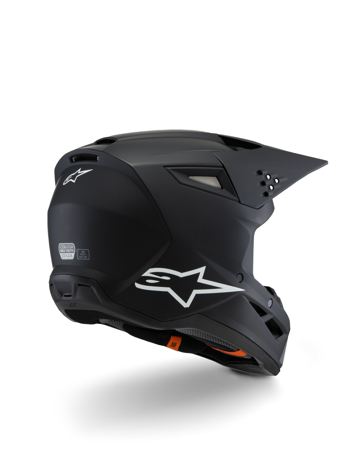 Alpinestars S-M3 Youth Solid Helmet ECE 22.06, Motocross Helmet, Matte Black, rear three-quarter view featuring white Alpinestars logos, sleek shell design with integrated visor and ventilation ports, youth off-road protective gear