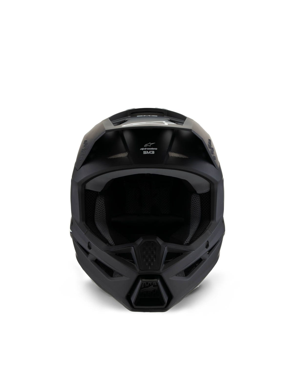 Alpinestars S-M3 Youth Solid Helmet, Motocross Helmet, Black Matt, front view, featuring a matte finish, ventilation ports on the chin bar and forehead, white SM3 logo, sleek aerodynamic design for off-road racing