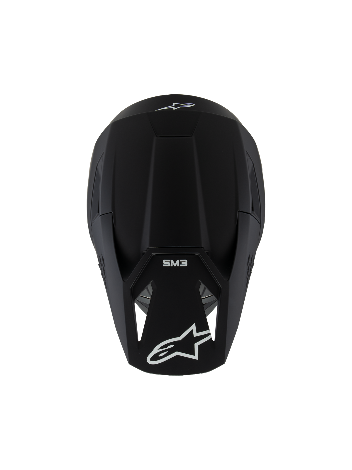 Alpinestars S-M3 Youth Solid Helmet ECE 22.06, Motocross Helmet, Black Matt, top-down view showing white logos and SM3 branding, sleek aerodynamic design for off-road racing