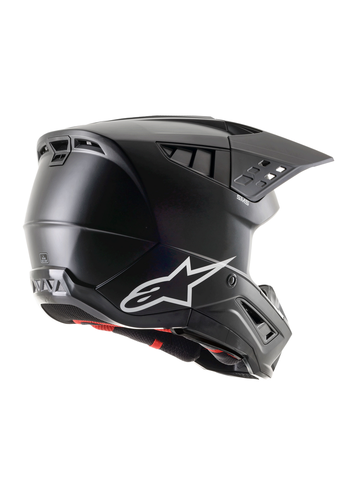 Alpinestars S-M5 Solid Helm ECE 22.06, matzwarte motorcrosshelm, zij-achteraanzicht met een wit Alpinestars-logo, meerdere ventilatieopeningen en geïntegreerd vizier voor off-road bescherming
