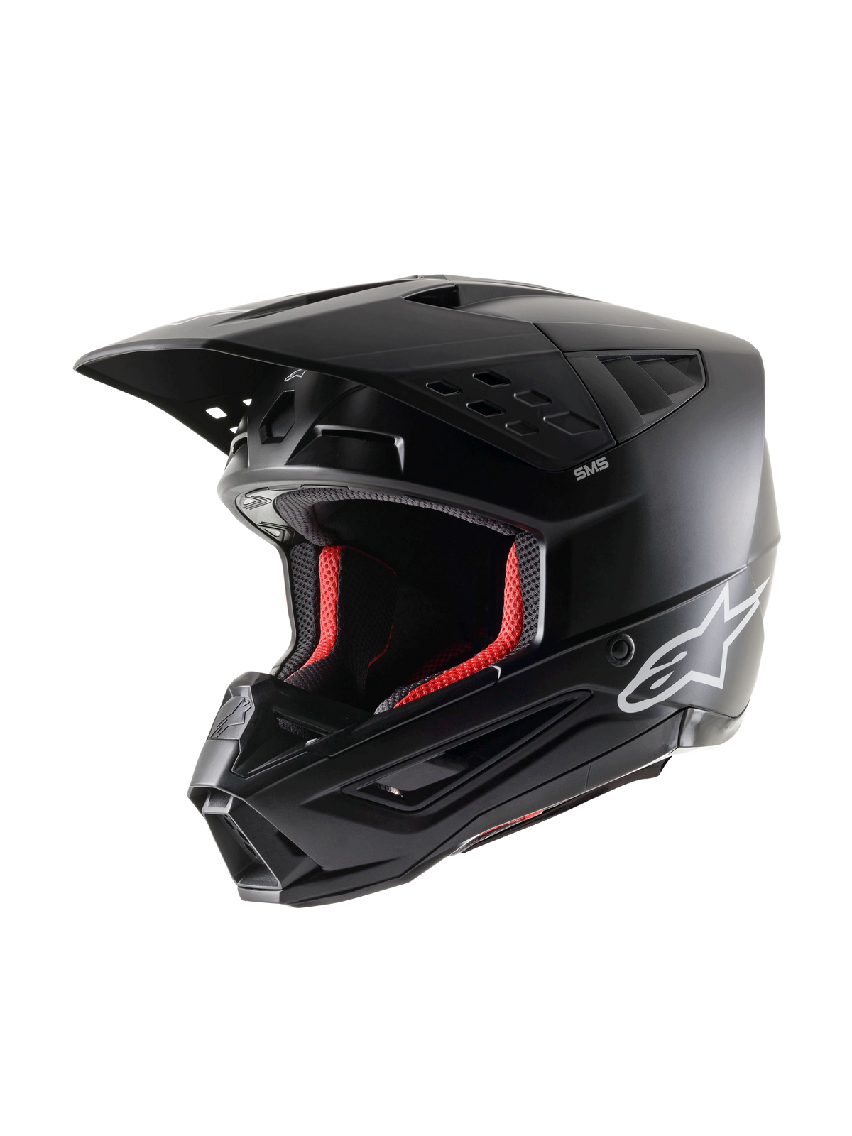 Alpinestars S-M5 Solid Helm ECE 22.06, motorcrosshelm, matzwart, driekwart aanzicht, met wit Alpinestars-logo op de zijkant en rode binnenvoering, aerodynamisch ontwerp met meerdere ventilatieopeningen